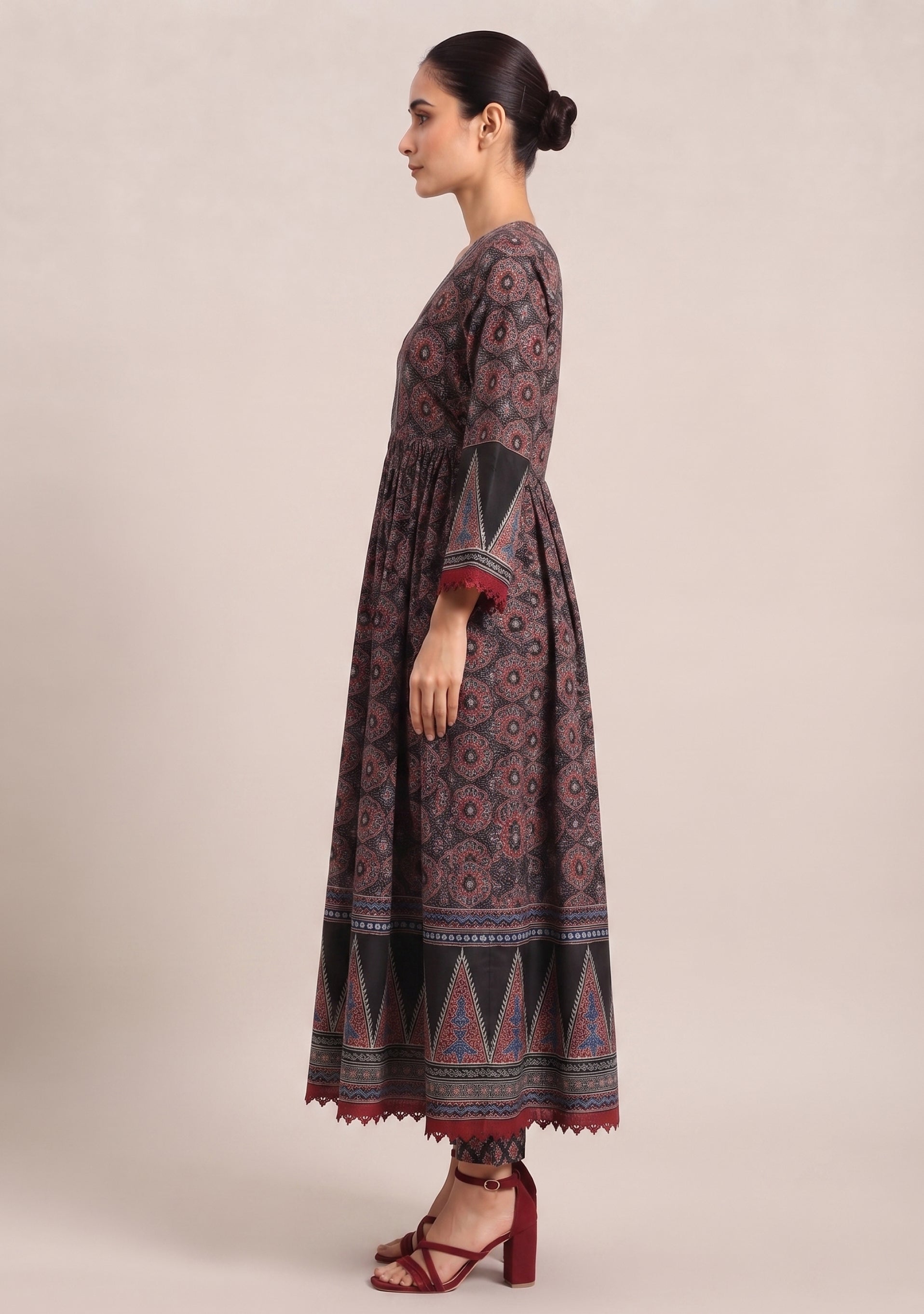 Black Red Printed Cotton Embroidered Anarkali 3pc Suit Set