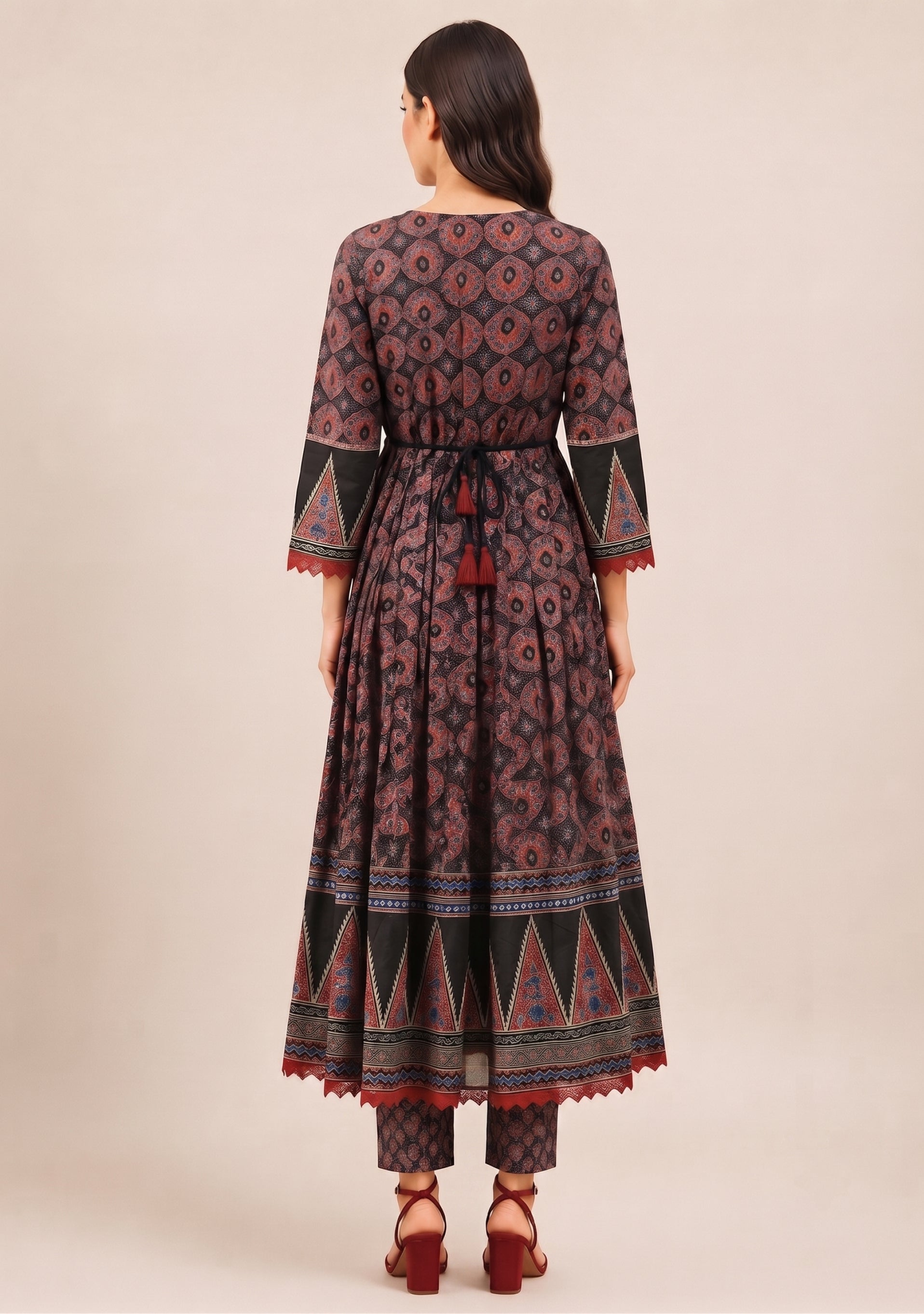 Black Red Printed Cotton Embroidered Anarkali 3pc Suit Set