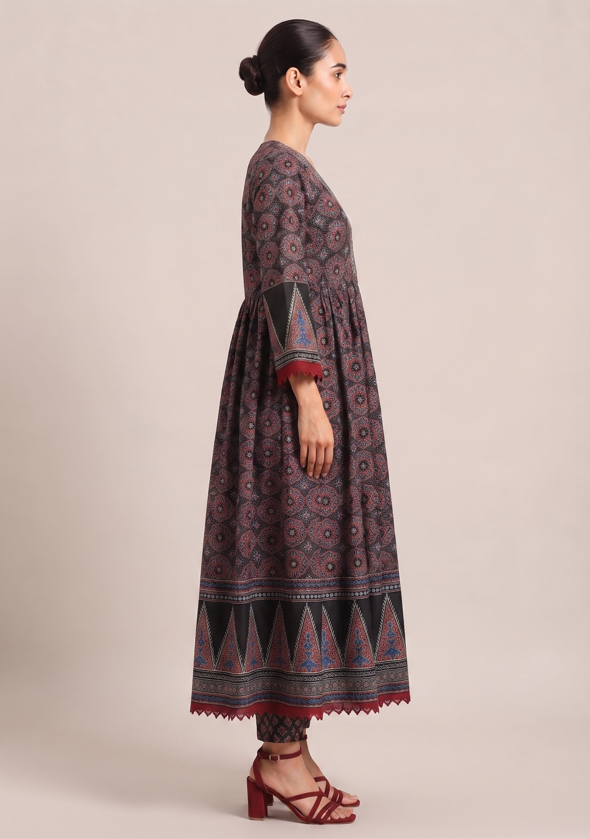 Black Red Printed Cotton Embroidered Anarkali 3pc Suit Set