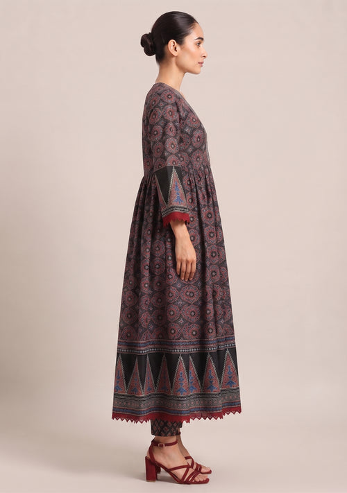 Black Red Printed Cotton Embroidered Anarkali 3pc Suit Set