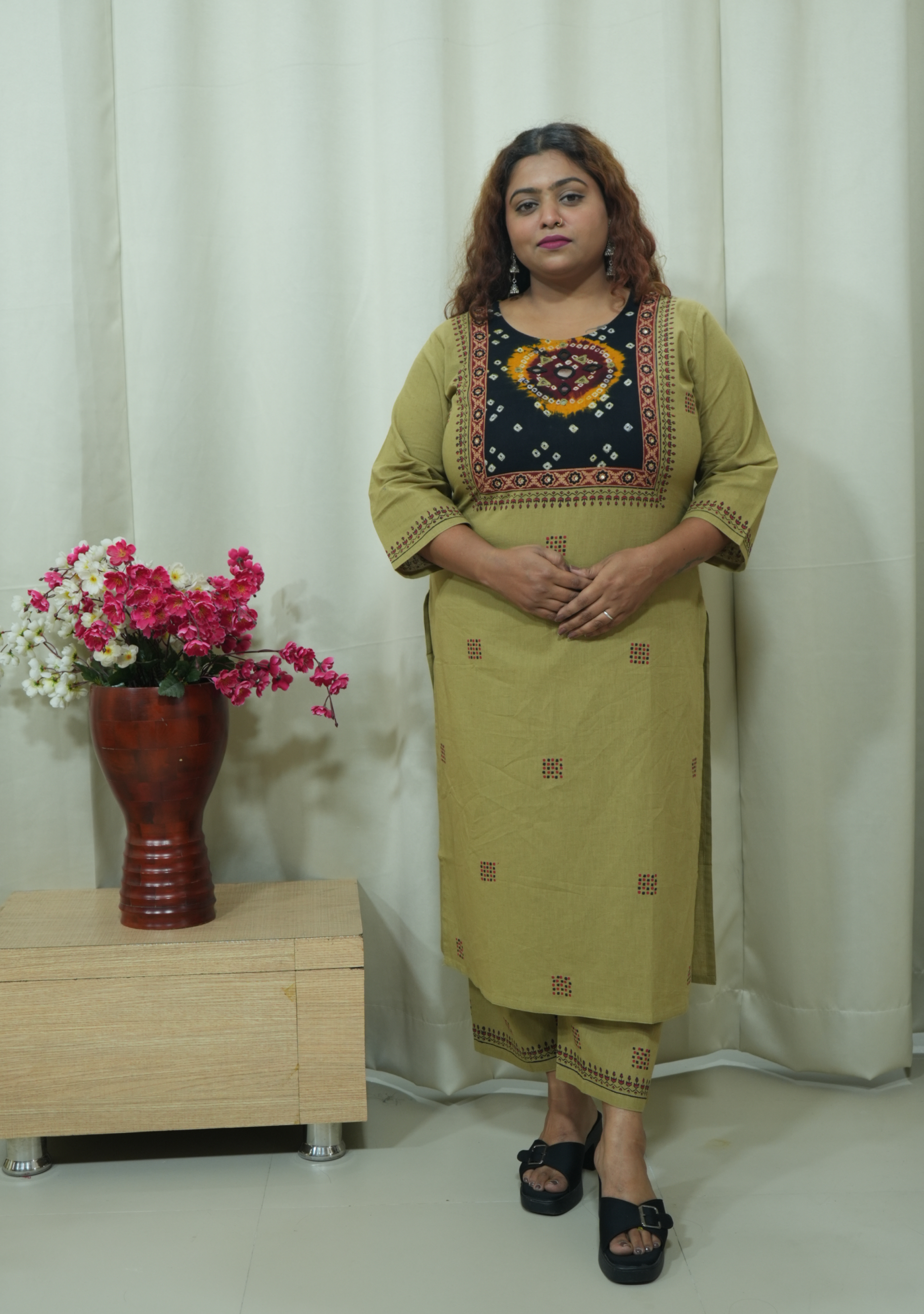 Black yolk Khaki Handcrafted Kurti Set