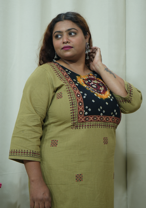 Black yolk Khaki Handcrafted Kurti Set