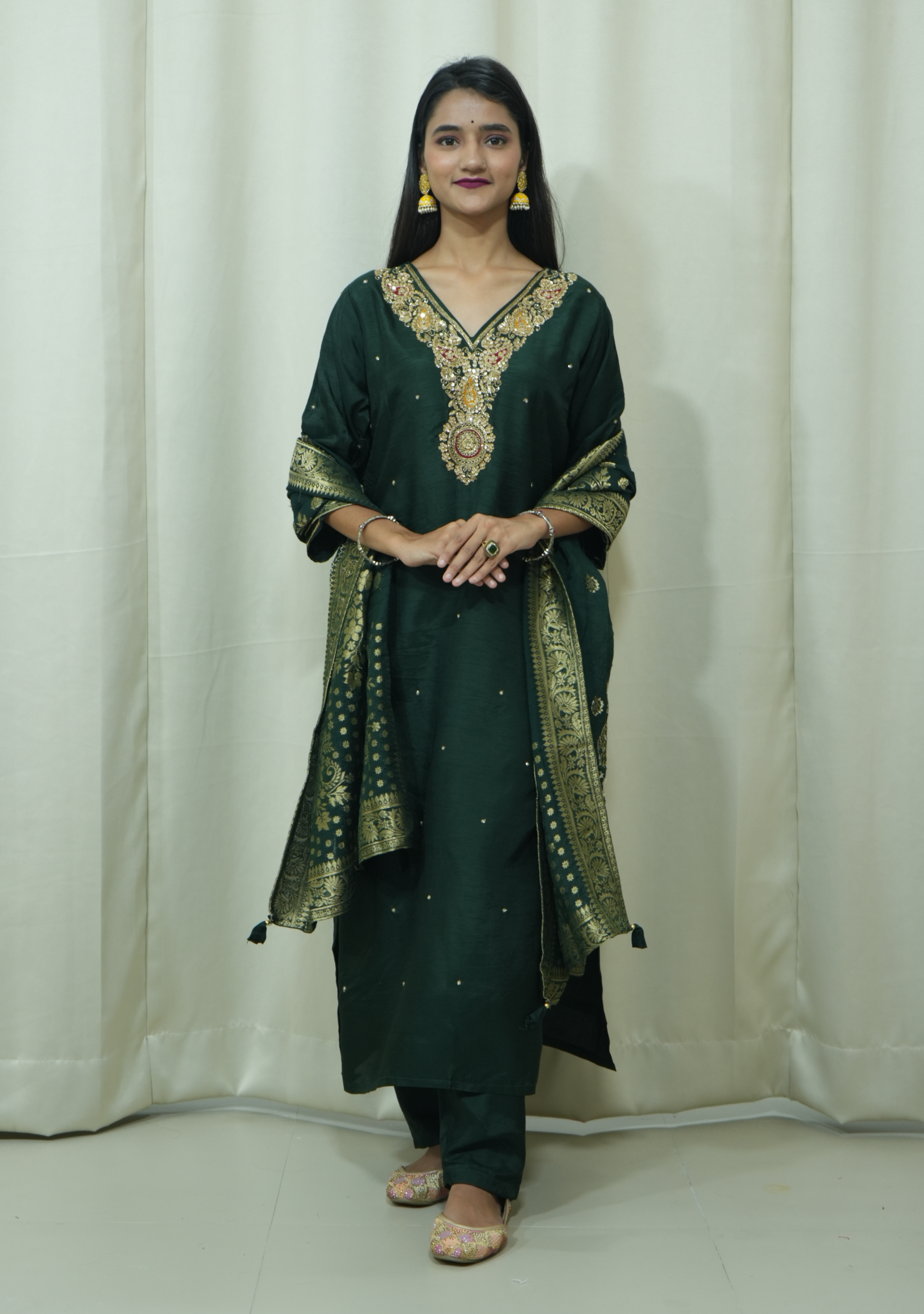 Bottle Green Banarasi Handcrafted 3pc Suit set