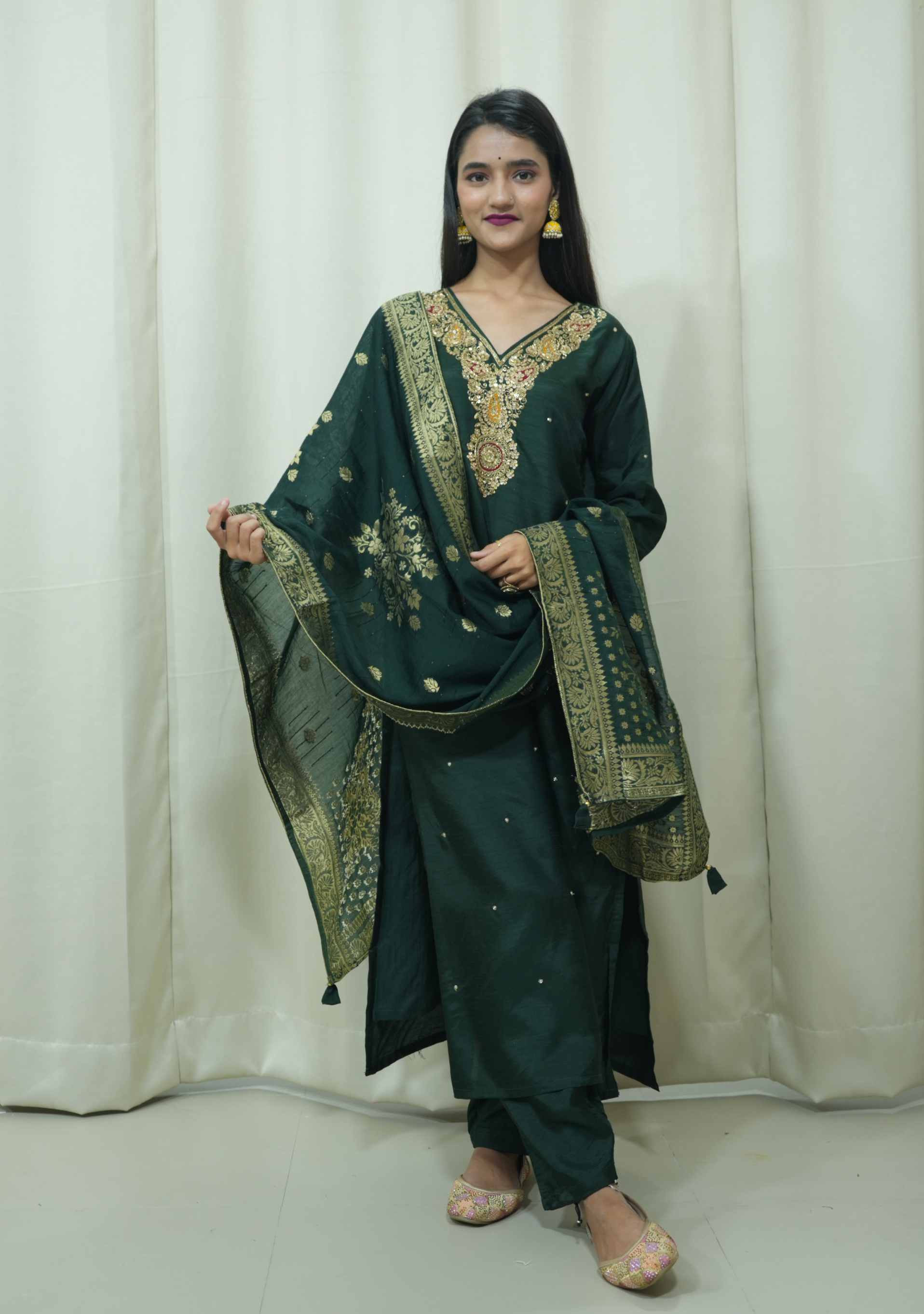 Bottle Green Banarasi Handcrafted 3pc Suit set