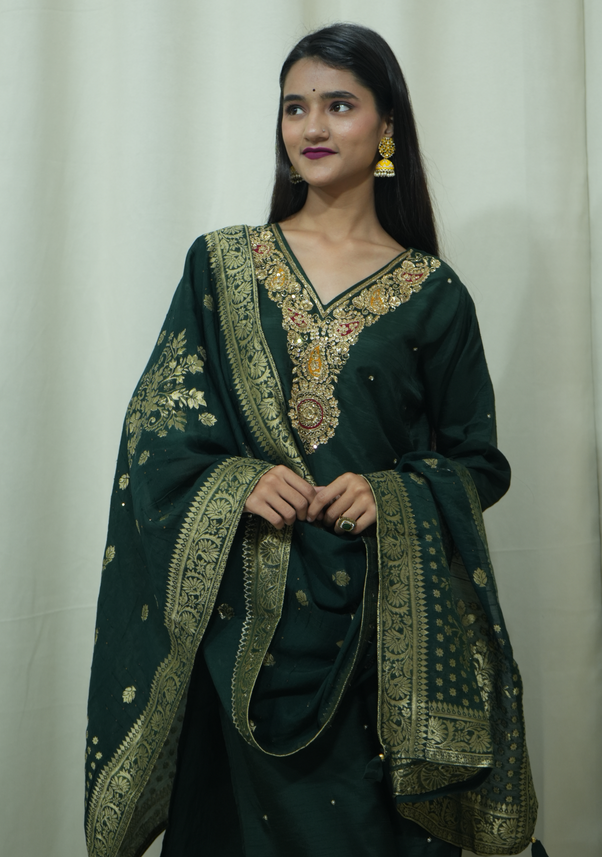 Bottle Green Banarasi Handcrafted 3pc Suit set