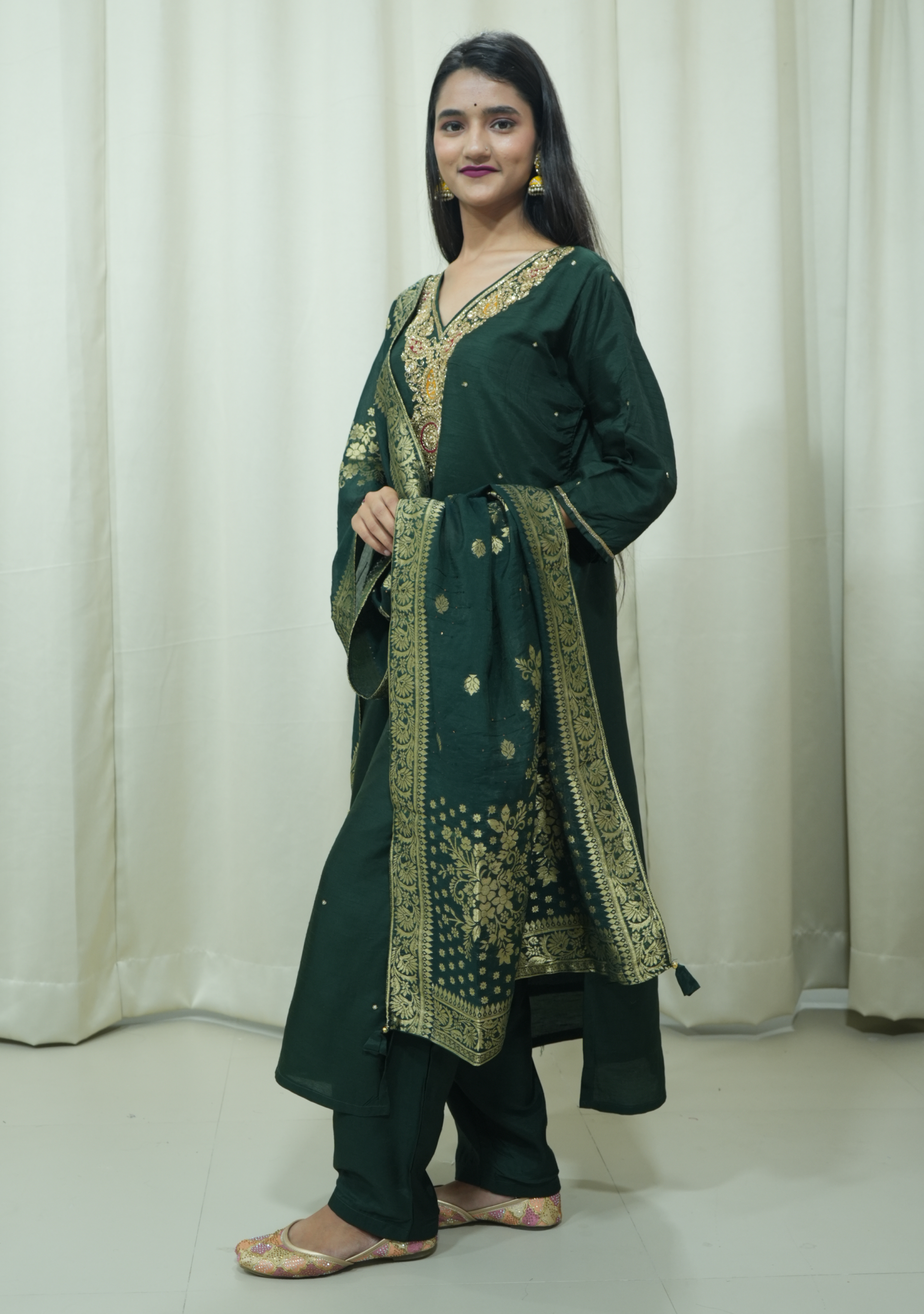 Bottle Green Banarasi Handcrafted 3pc Suit set