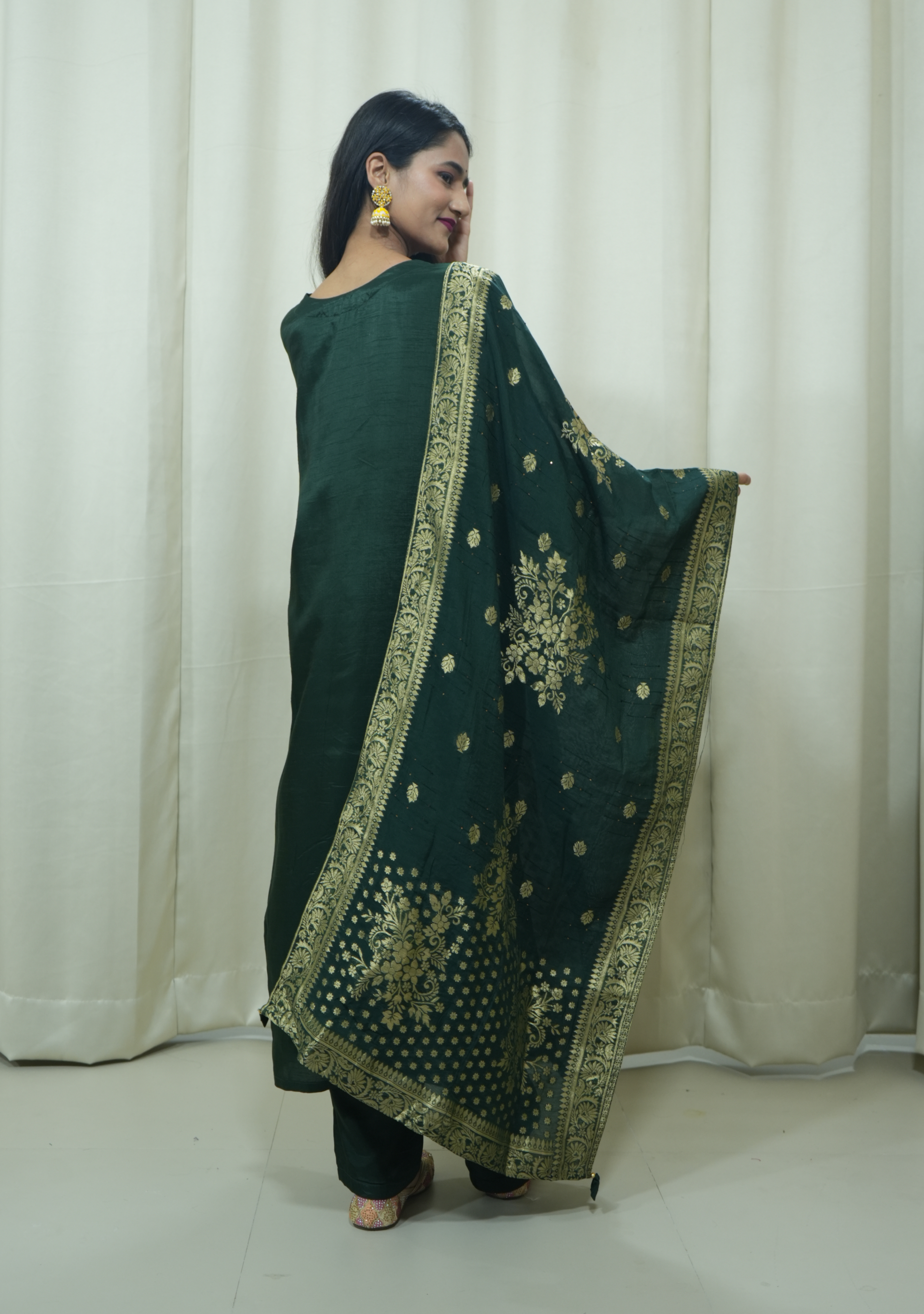 Bottle Green Banarasi Handcrafted 3pc Suit set