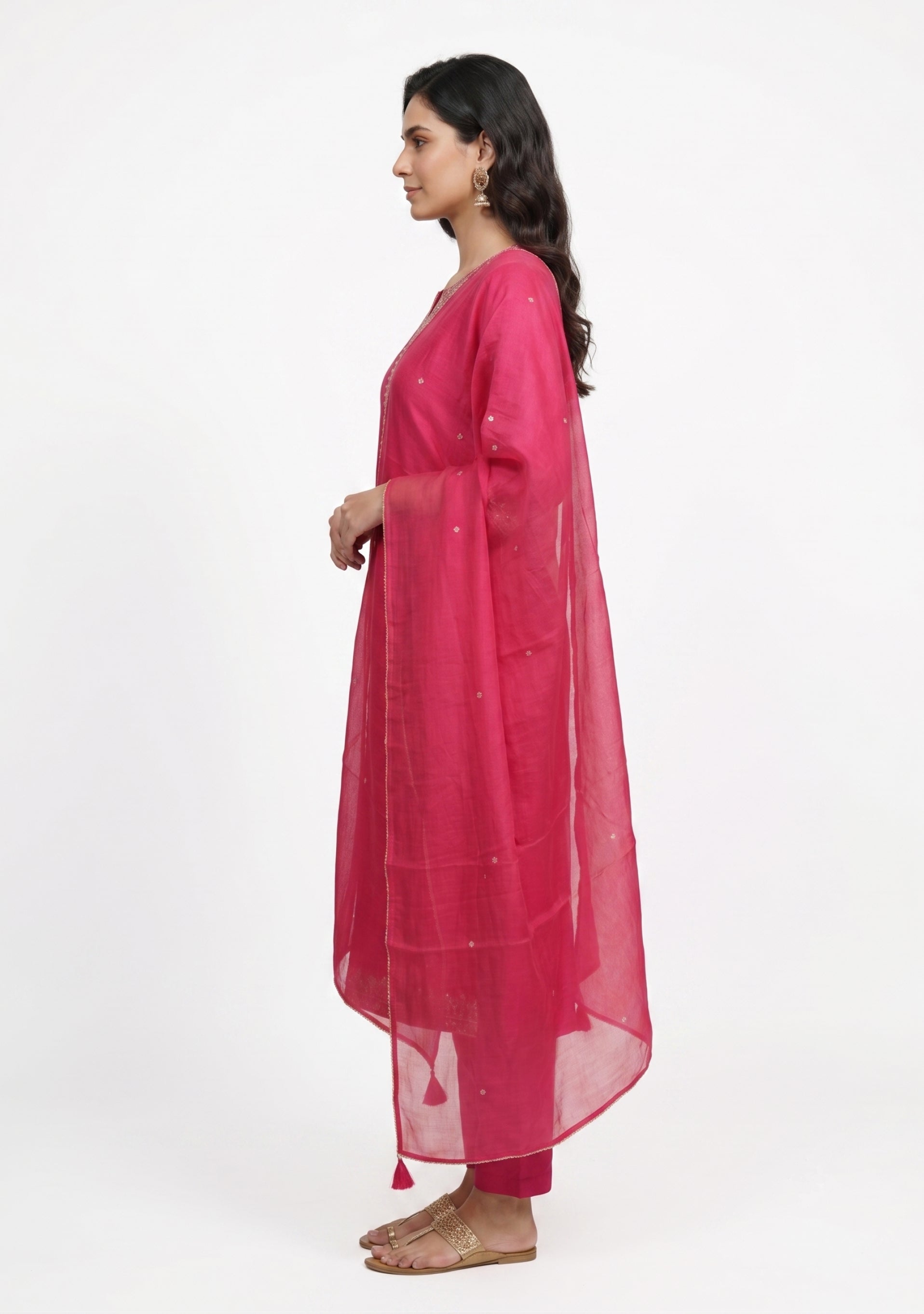 Bright Pink Art Silk Handcrafted 3pc Suit set