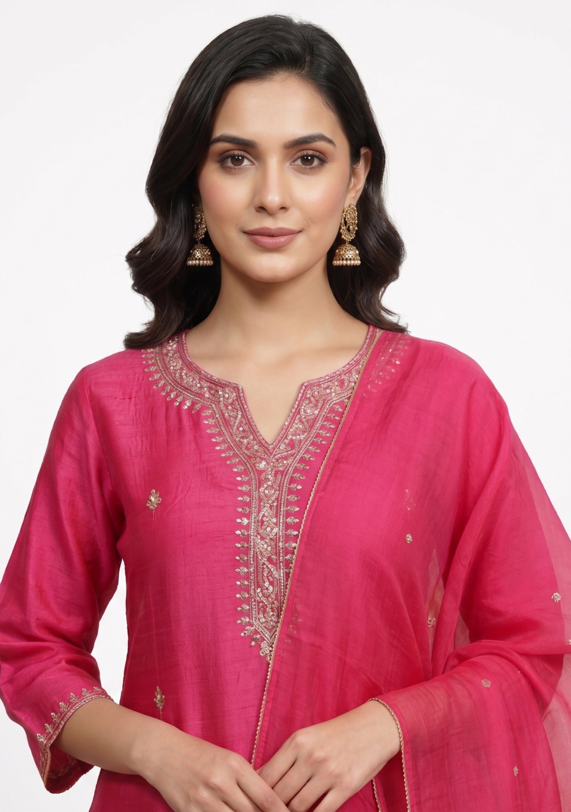 Bright Pink Art Silk Handcrafted 3pc Suit set