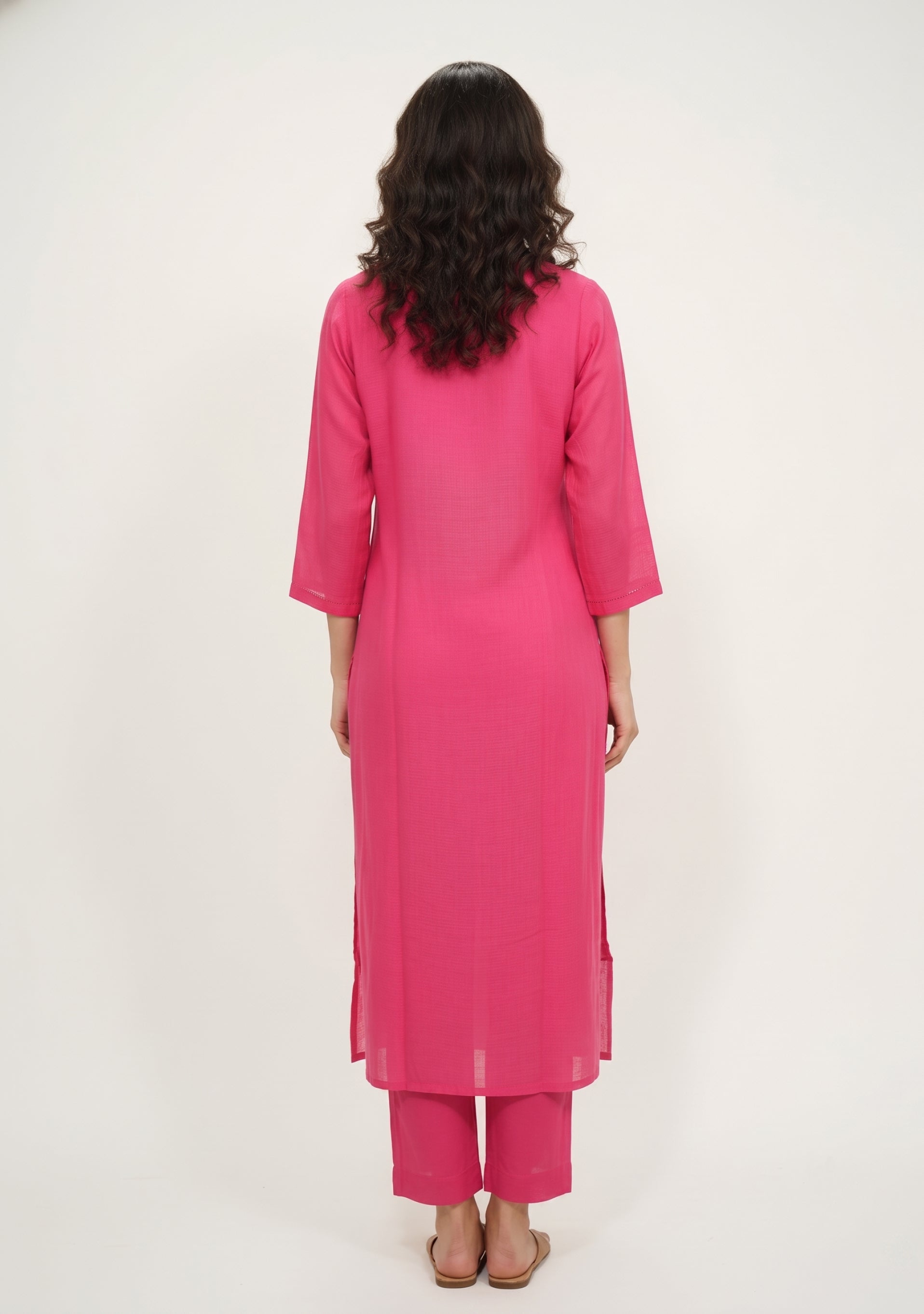 Bright Pink Chanderi Handcrafted Straight Cut 3pc Suit Set