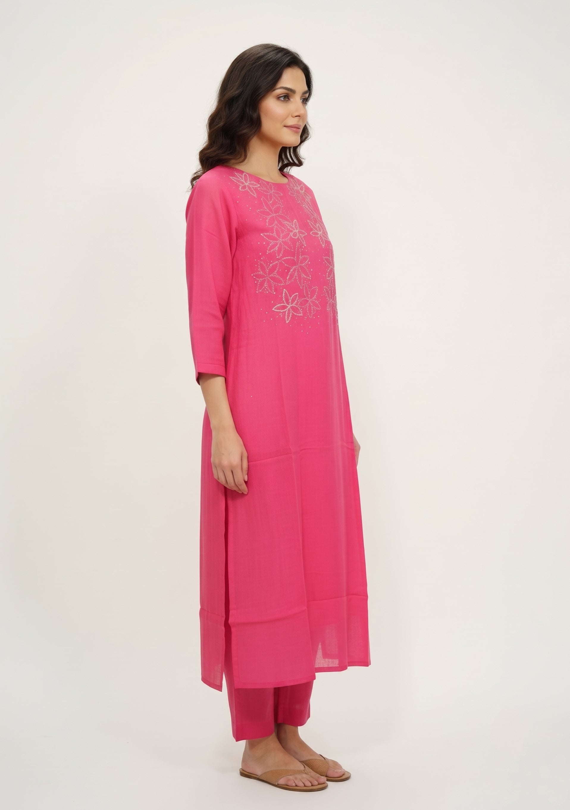 Bright Pink Chanderi Handcrafted Straight Cut 3pc Suit Set