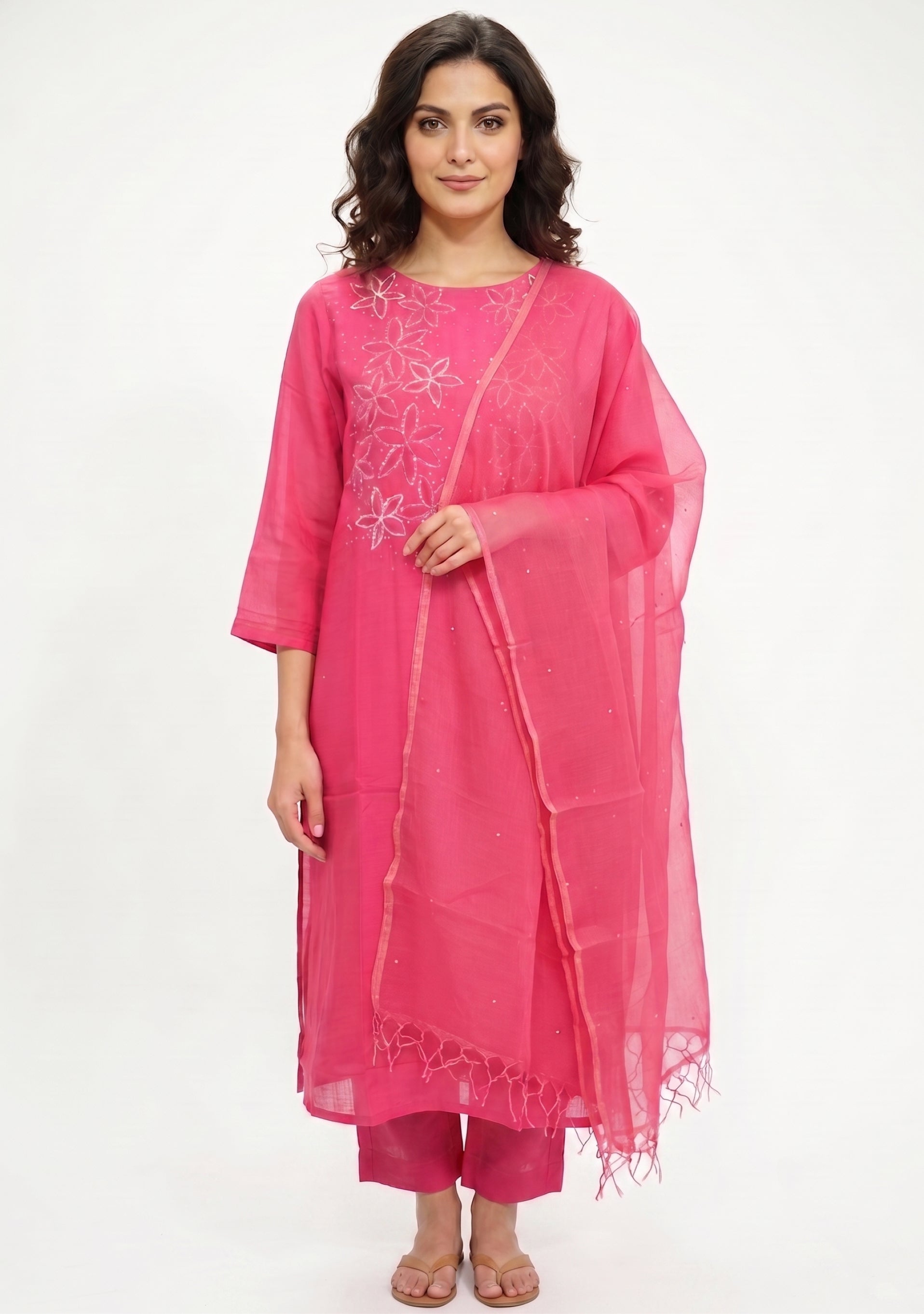 Bright Pink Chanderi Handcrafted Straight Cut 3pc Suit Set