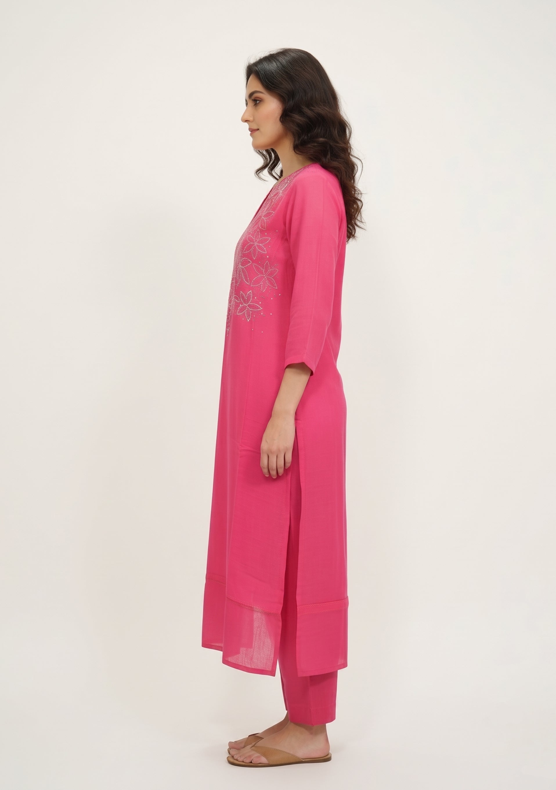 Bright Pink Chanderi Handcrafted Straight Cut 3pc Suit Set