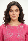 Bright Pink Chanderi Handcrafted Straight Cut 3pc Suit Set