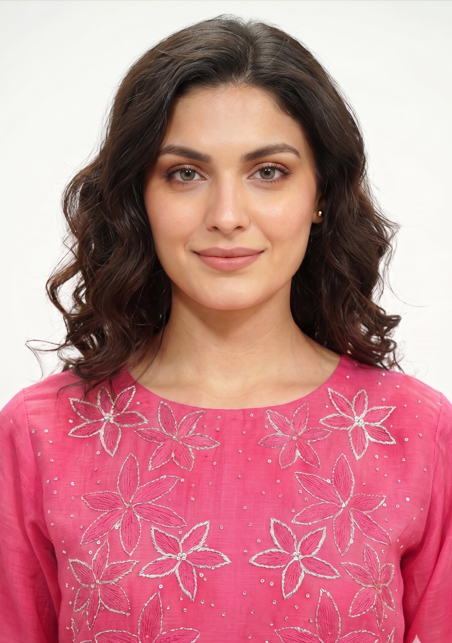 Bright Pink Chanderi Handcrafted Straight Cut 3pc Suit Set