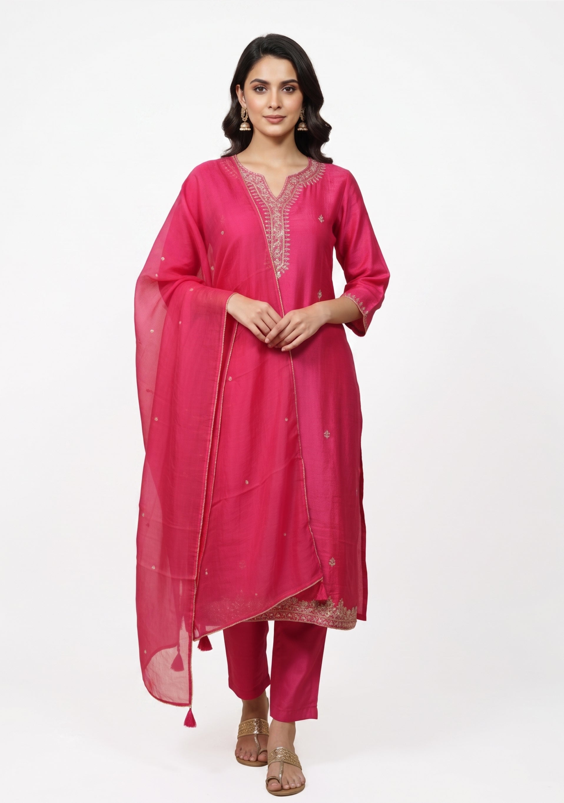 Bright Pink Art Silk Handcrafted 3pc Suit set