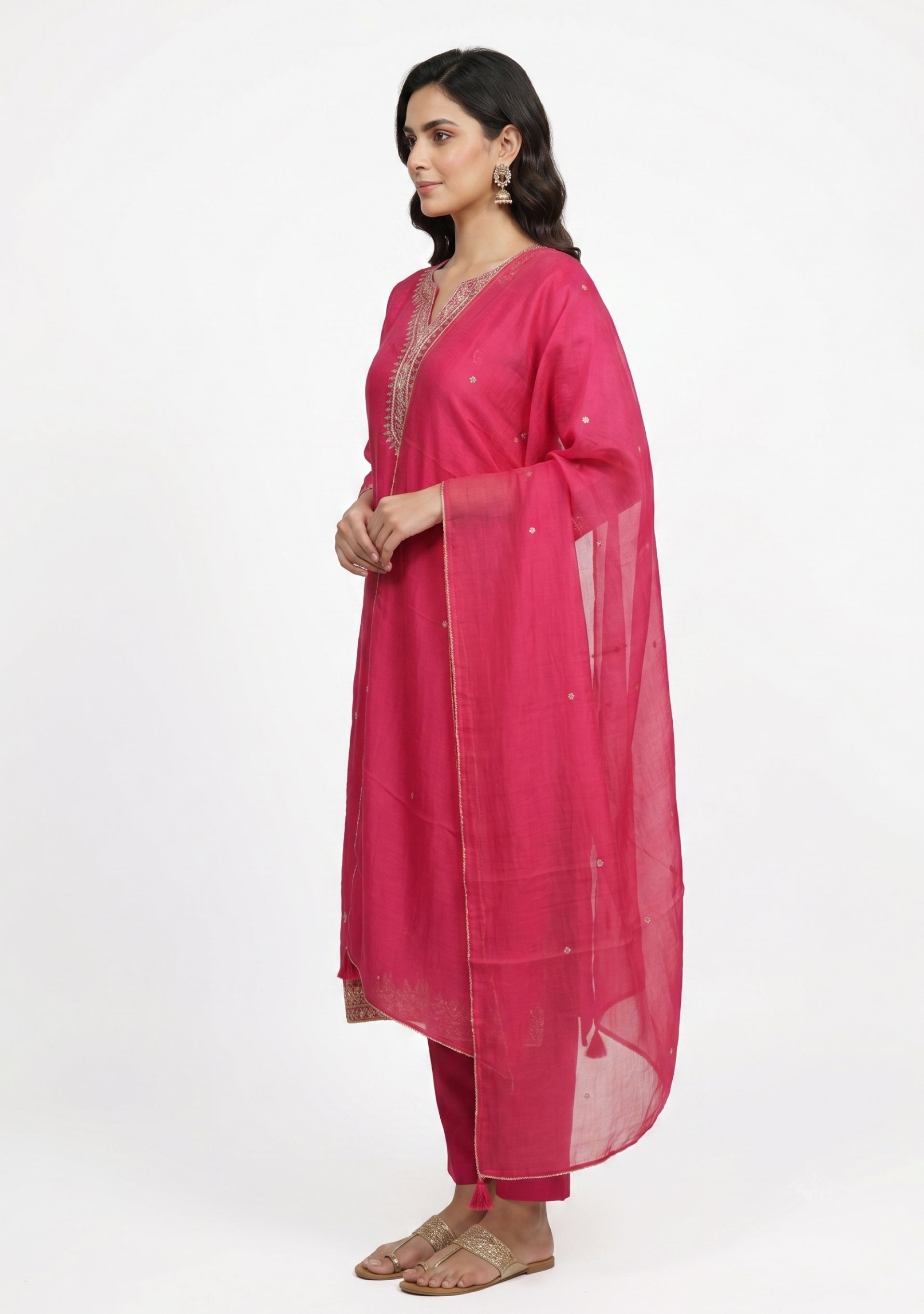 Bright Pink Art Silk Handcrafted 3pc Suit set
