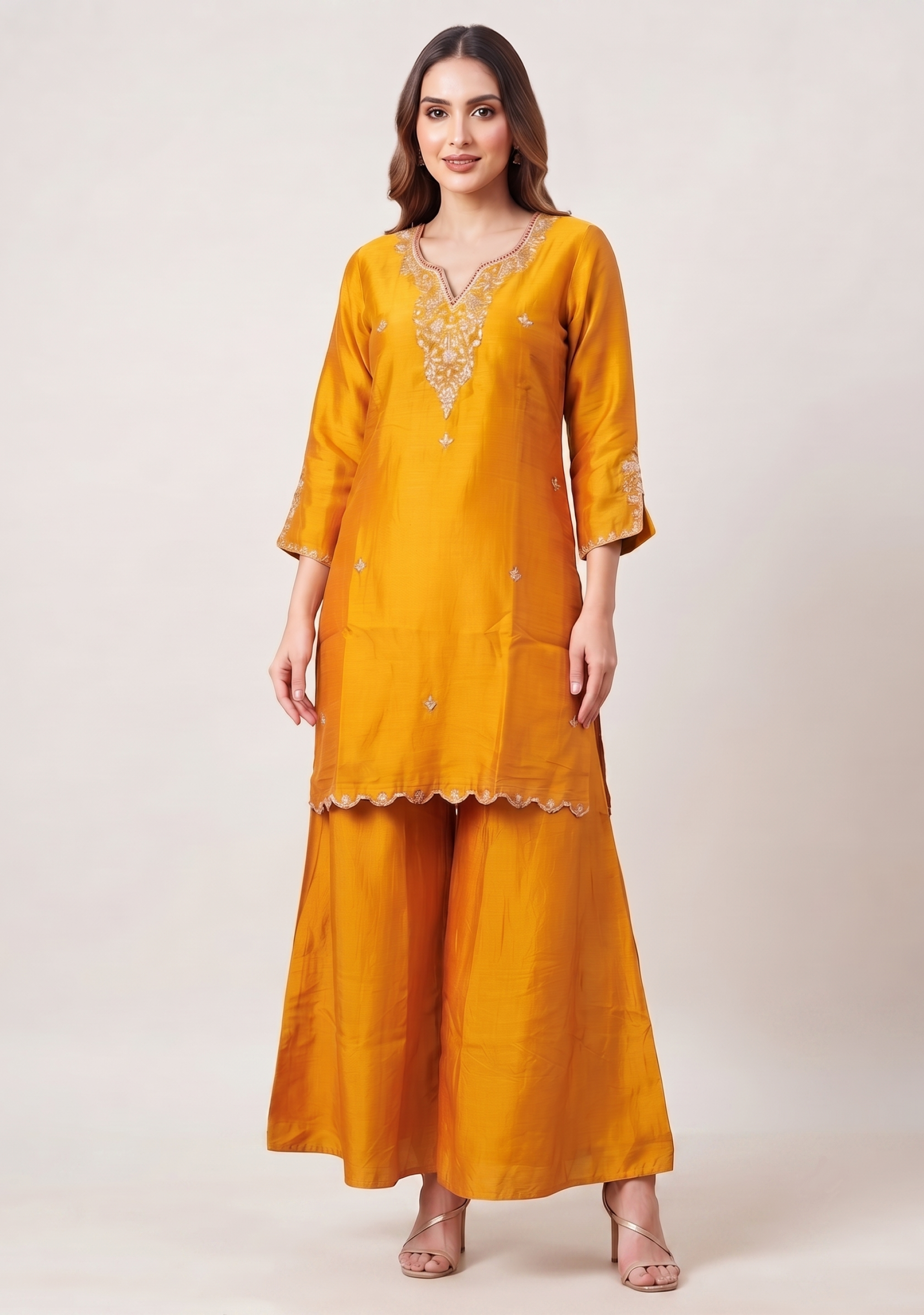 Camel Color Banarasi Dupatta Handcrafted 3pc Suit Set