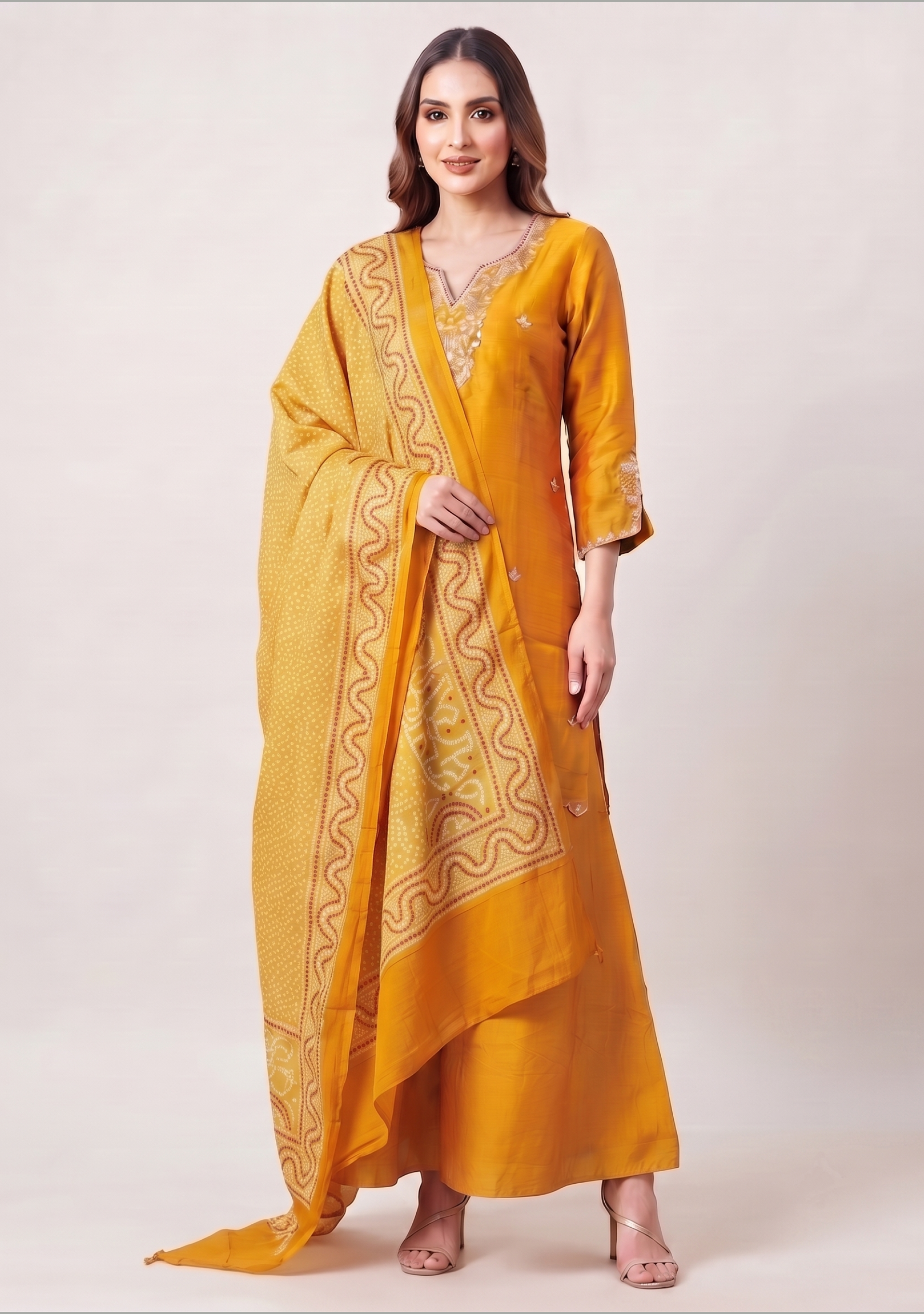 Camel Color Banarasi Dupatta Handcrafted 3pc Suit Set