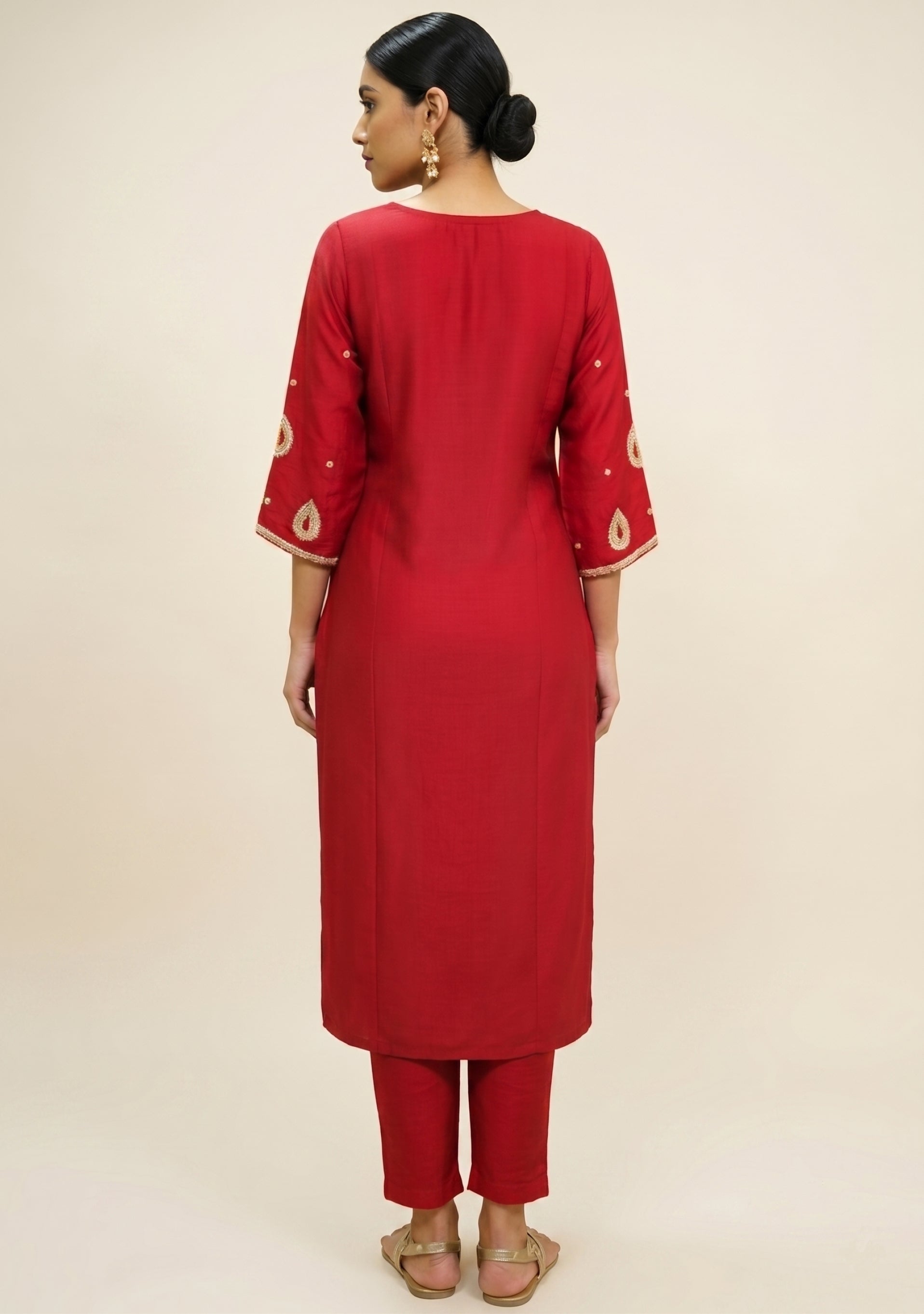 Cherry Red Art Silk Handcrafted 3pc Suit set