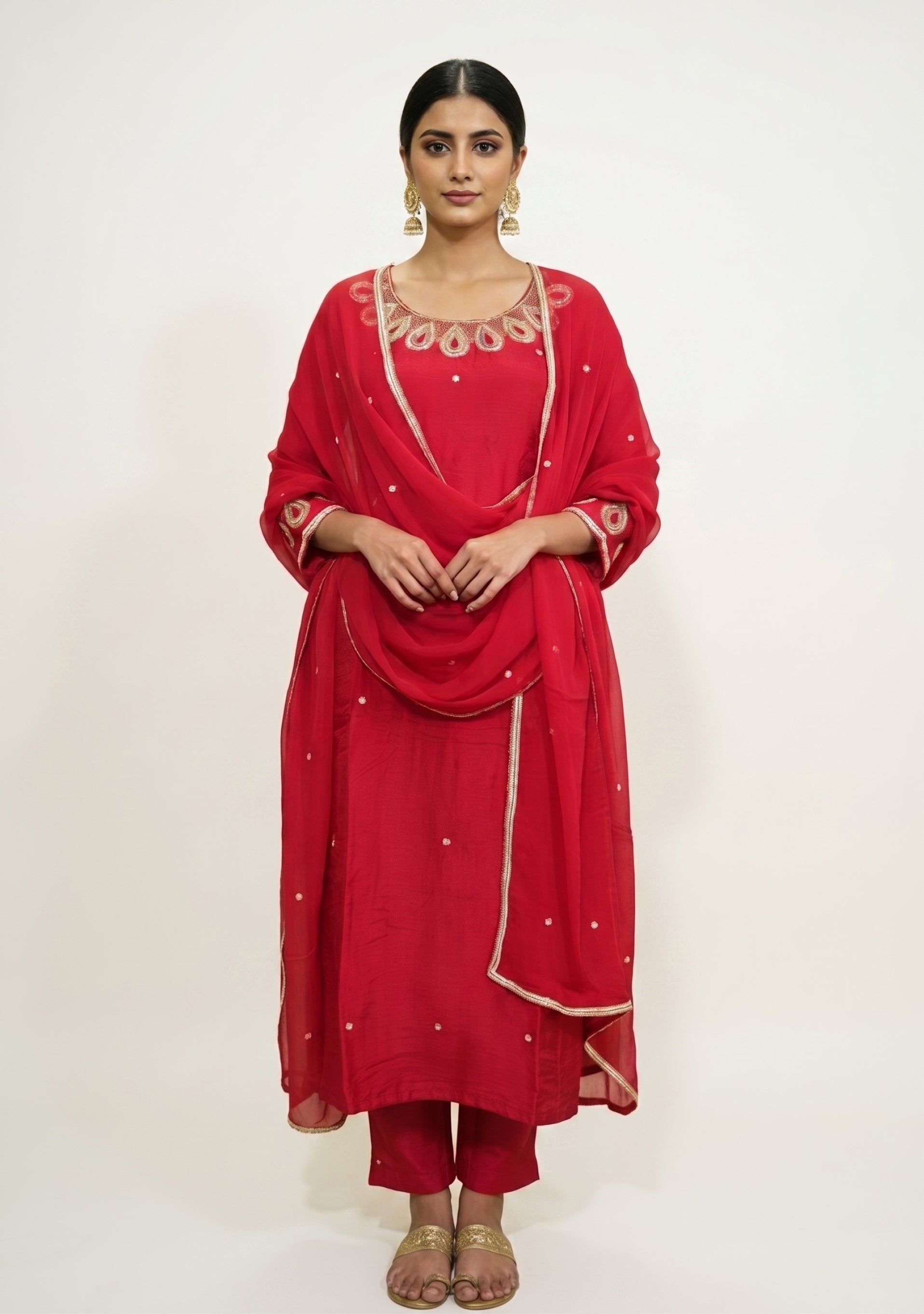 Cherry Red Art Silk Handcrafted 3pc Suit set