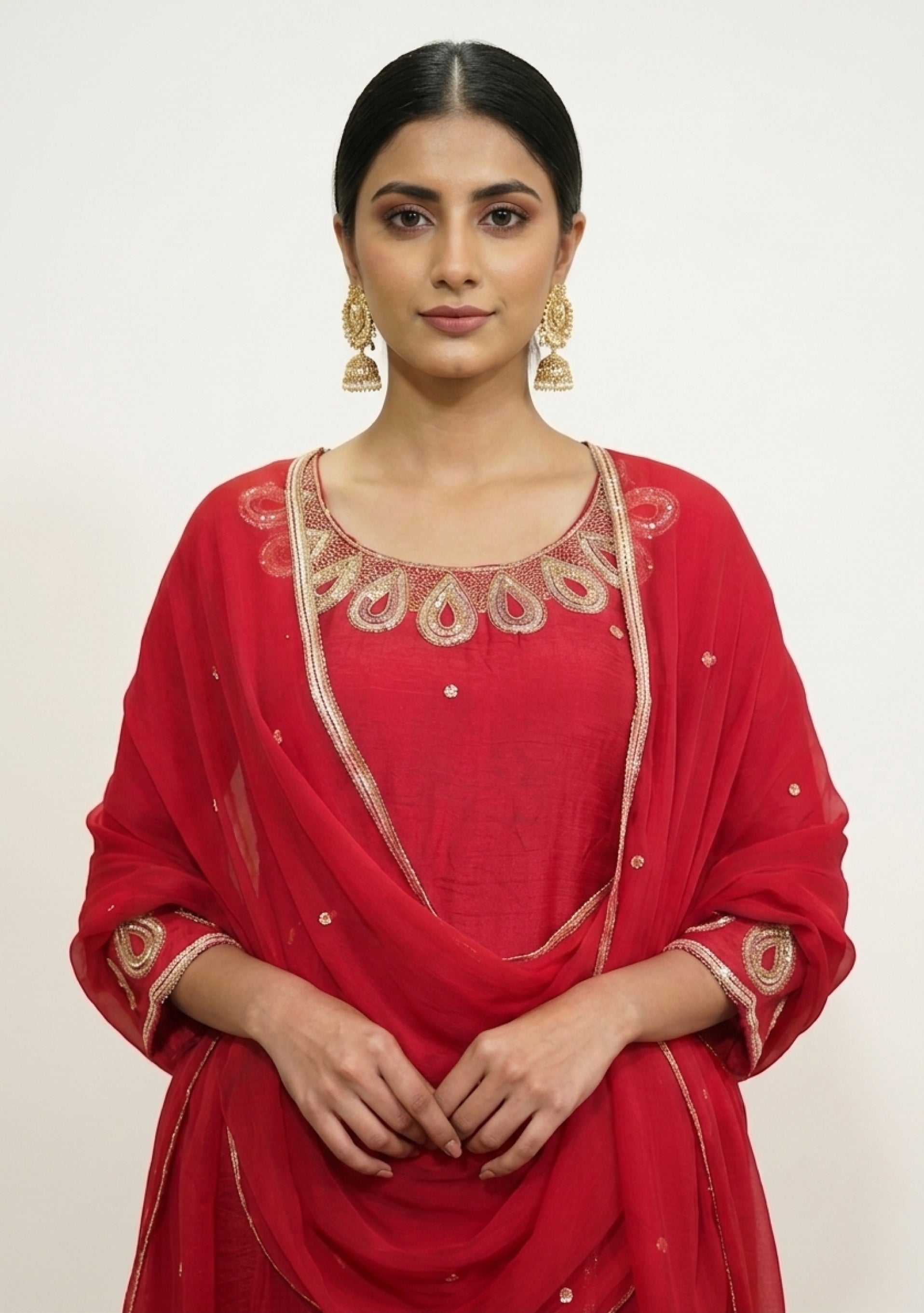 Cherry Red Art Silk Handcrafted 3pc Suit set