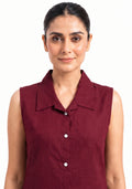 Collared A Line Maroon Cotton Silk Suit Set