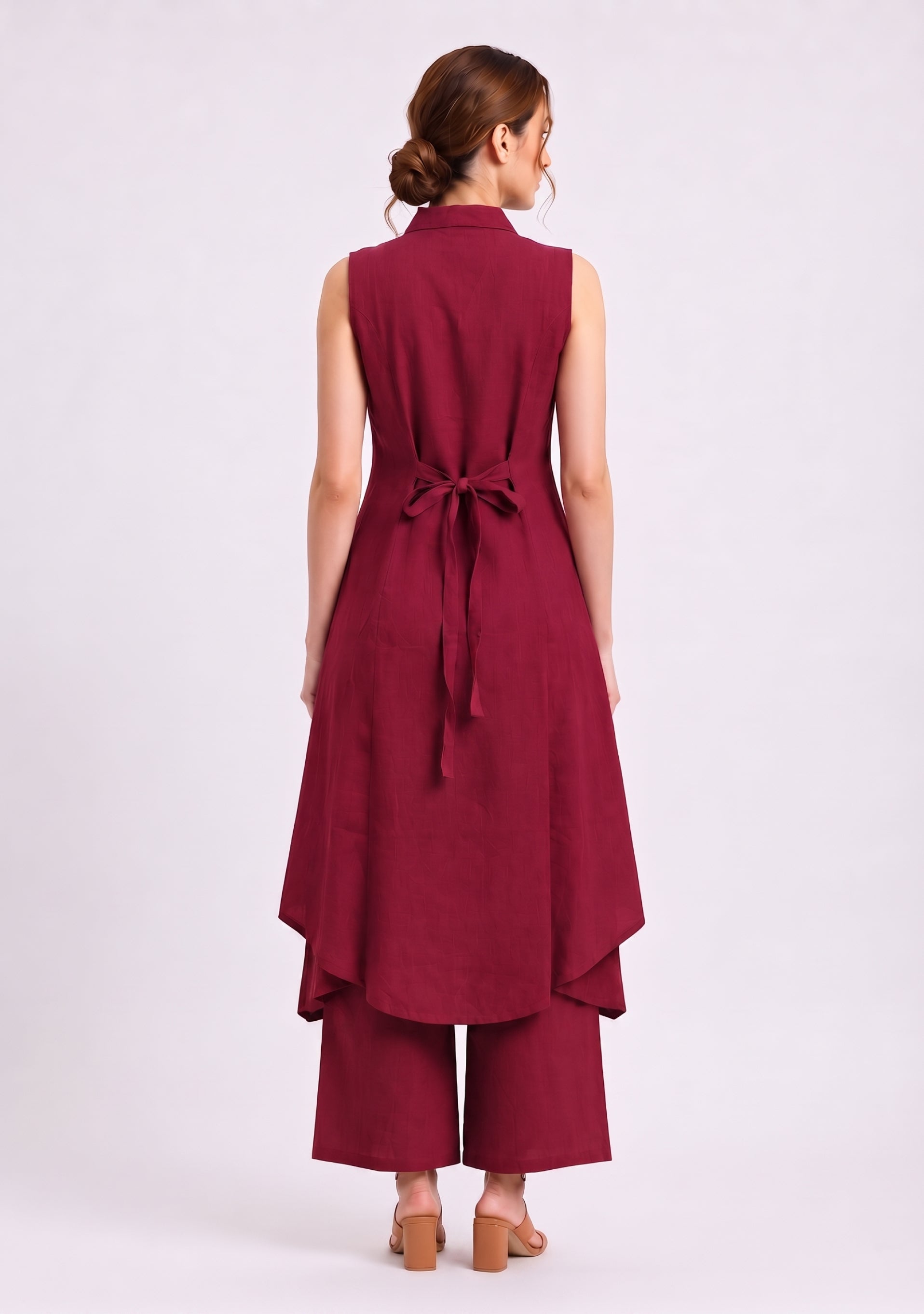 Collared A Line Maroon Cotton Silk Suit Set