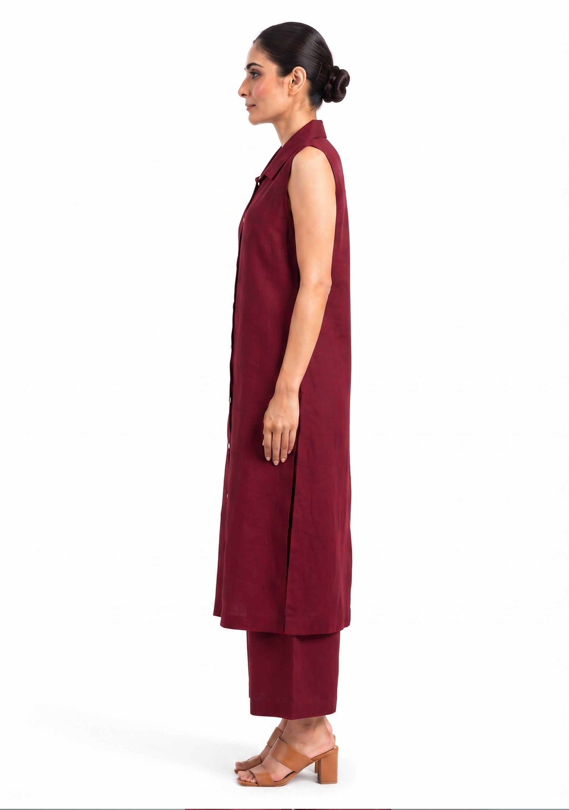 Collared A Line Maroon Cotton Silk Suit Set