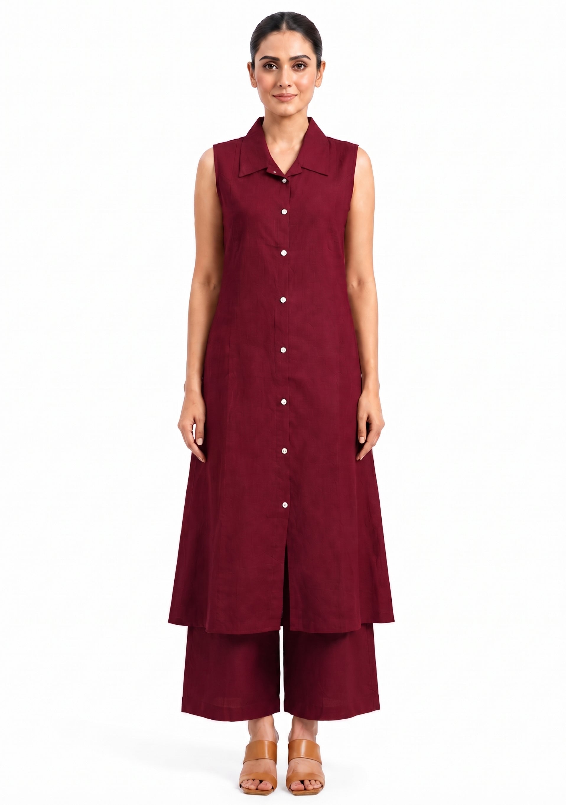 Collared A Line Maroon Cotton Silk Suit Set