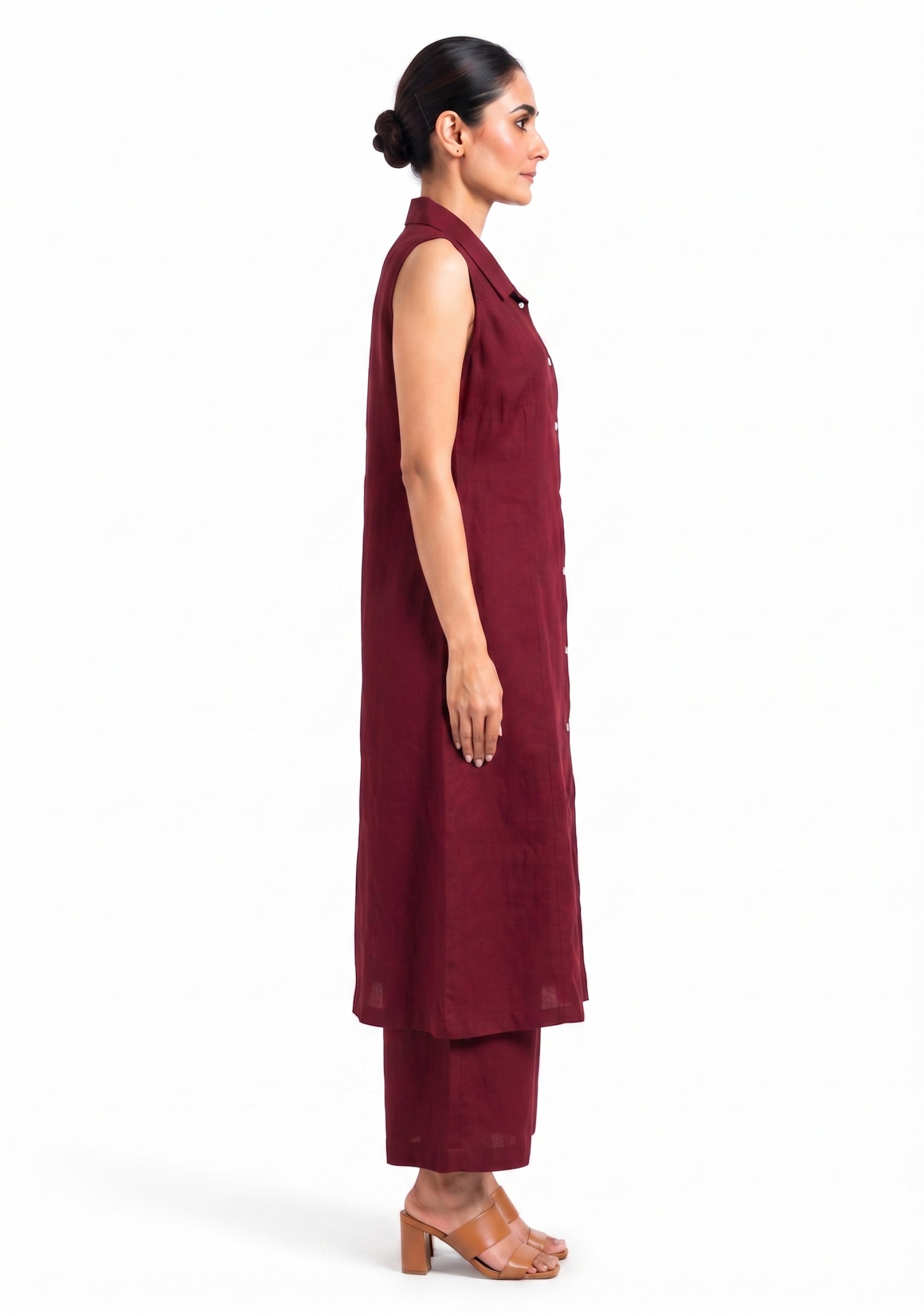 Collared A Line Maroon Cotton Silk Suit Set