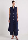 Collared A Line Navy Blue Cotton Silk Suit