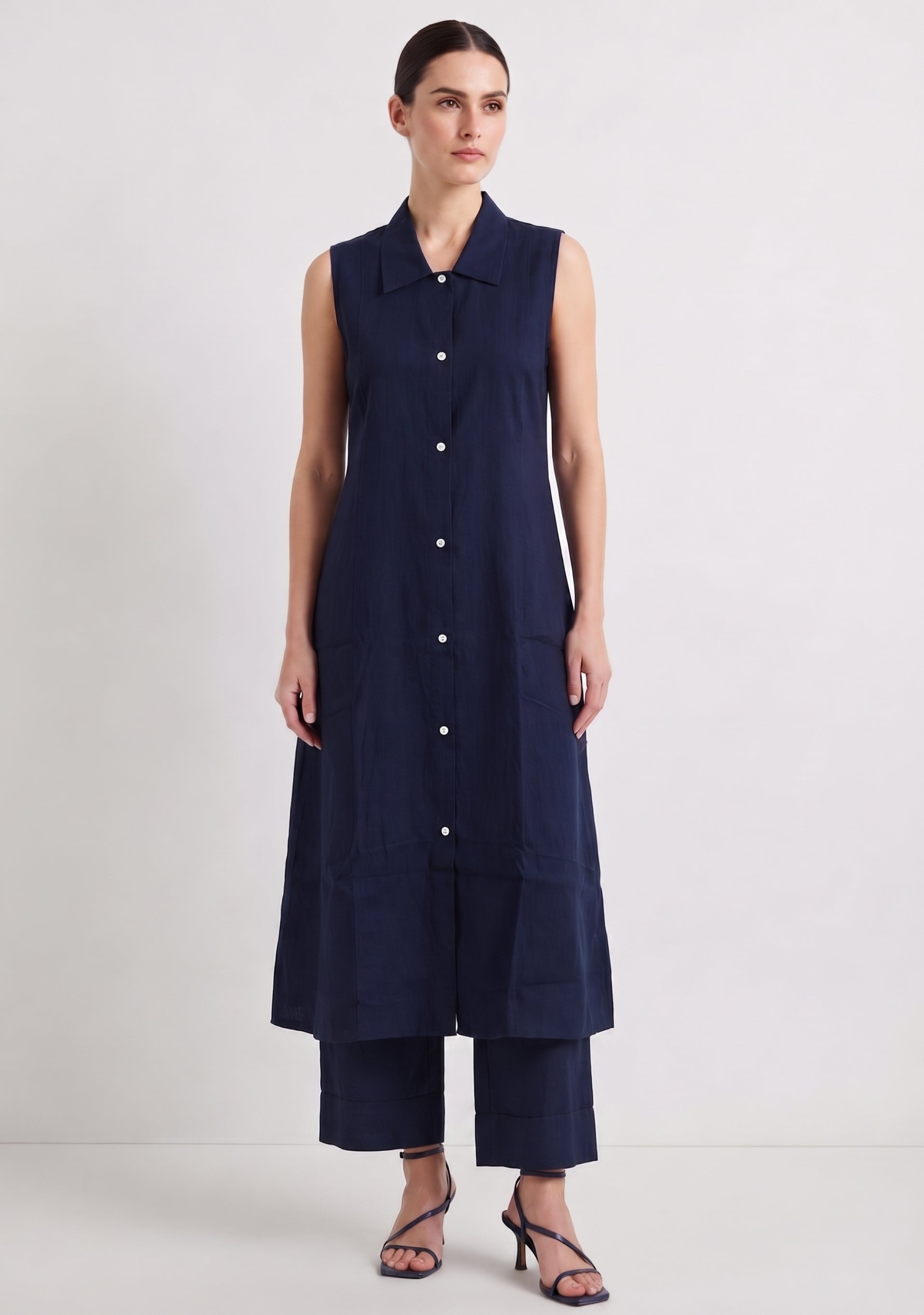 Collared A Line Navy Blue Cotton Silk Suit