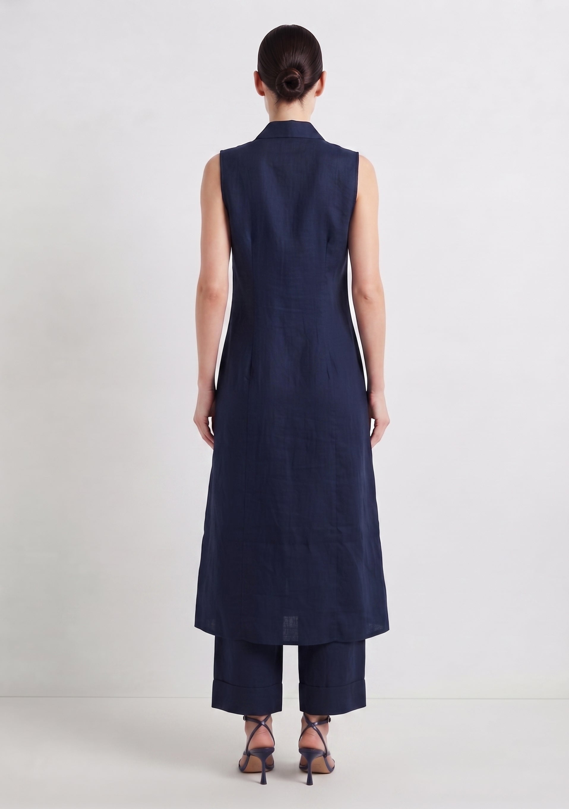 Collared A Line Navy Blue Cotton Silk Suit