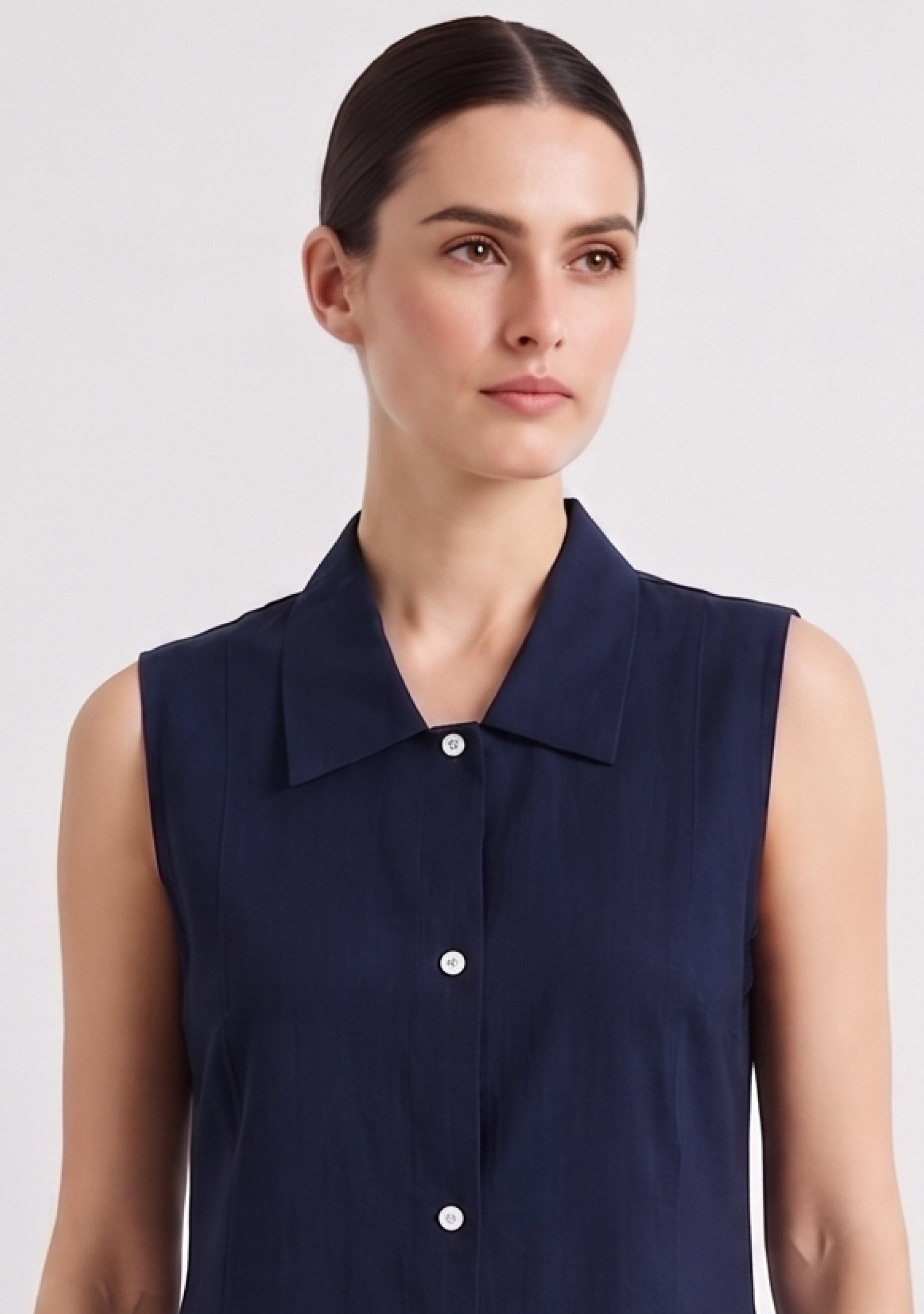 Collared A Line Navy Blue Cotton Silk Suit