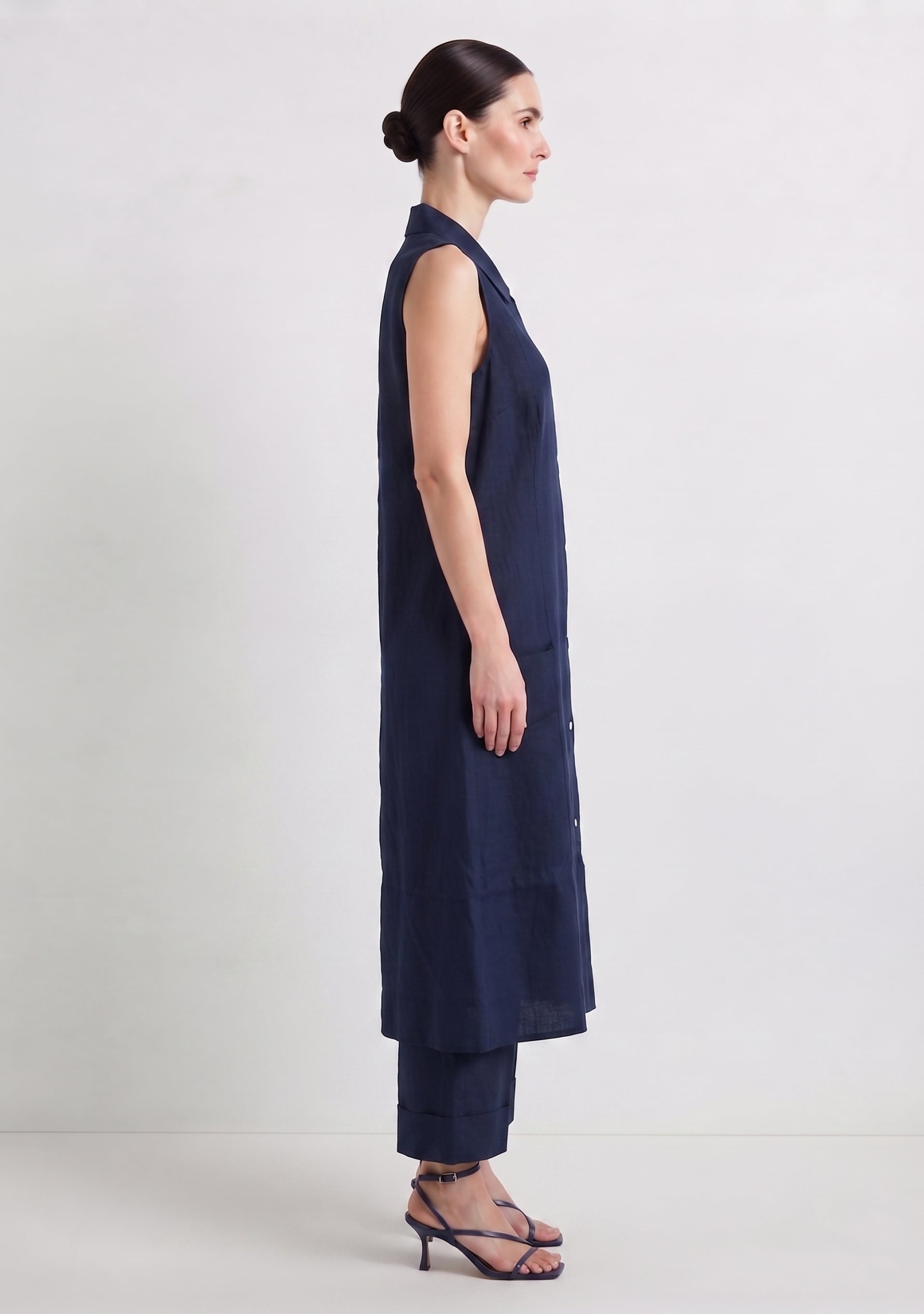 Collared A Line Navy Blue Cotton Silk Suit