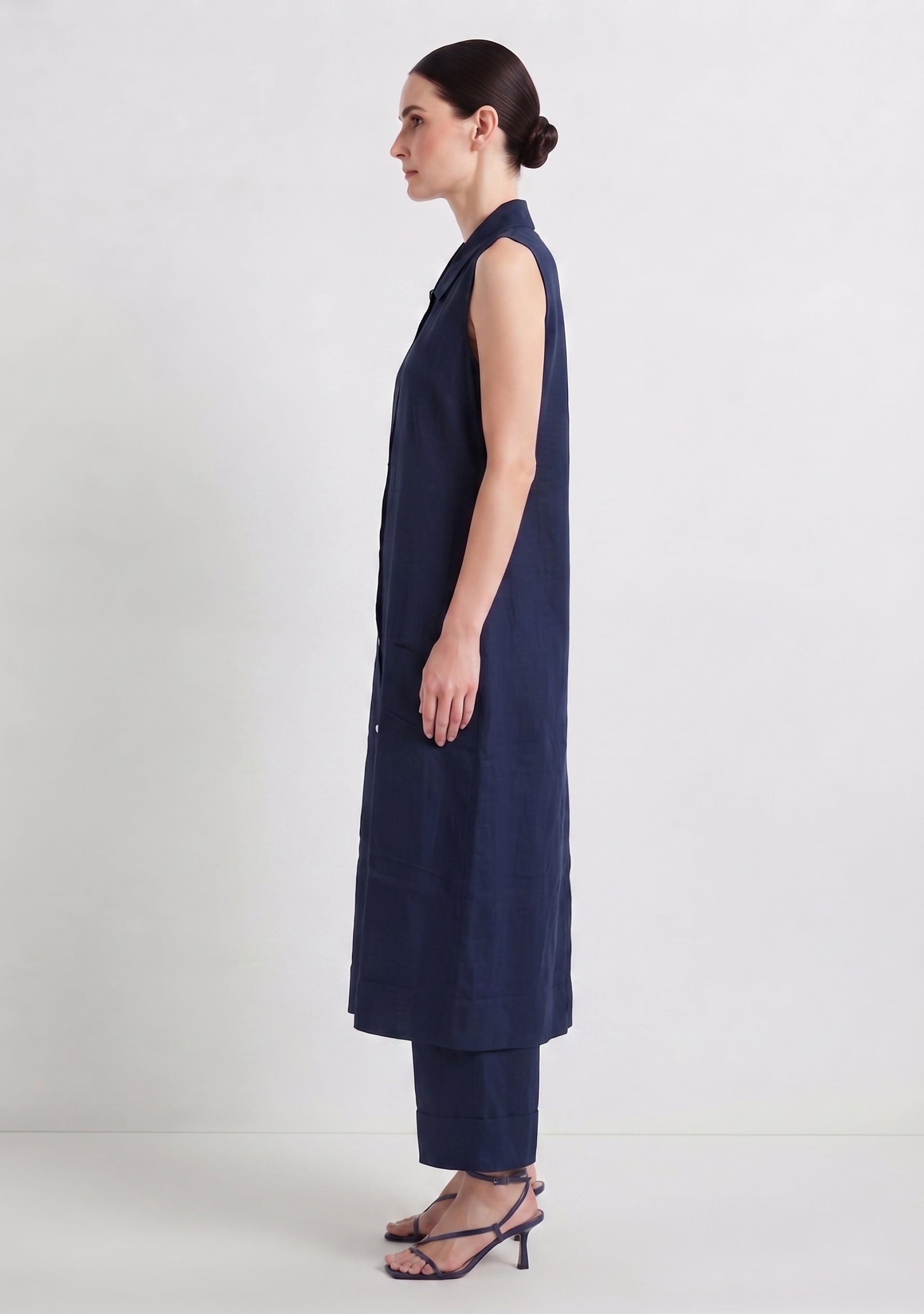 Collared A Line Navy Blue Cotton Silk Suit