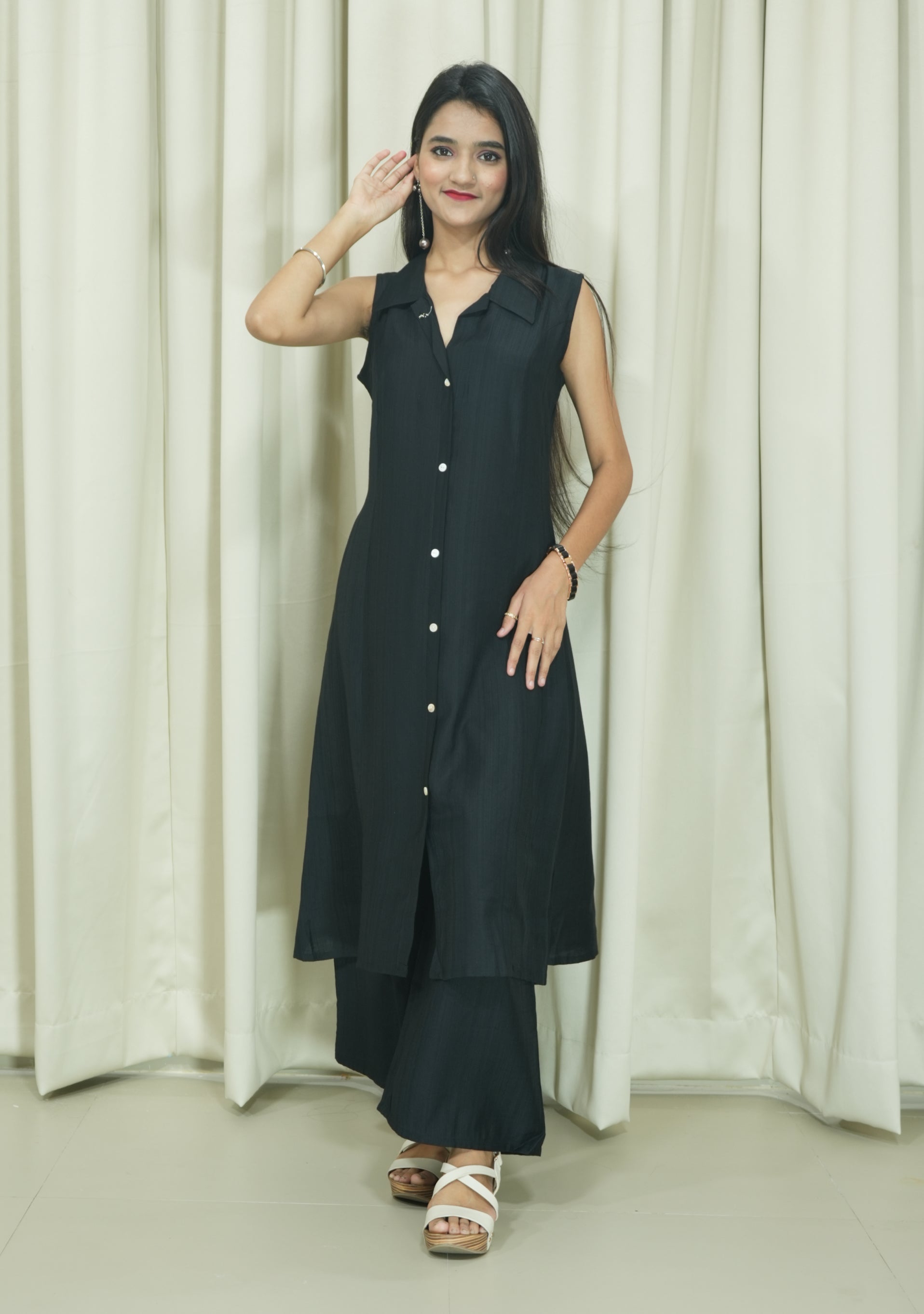 Collared A Line Tunic Black Cotton Silk Suit