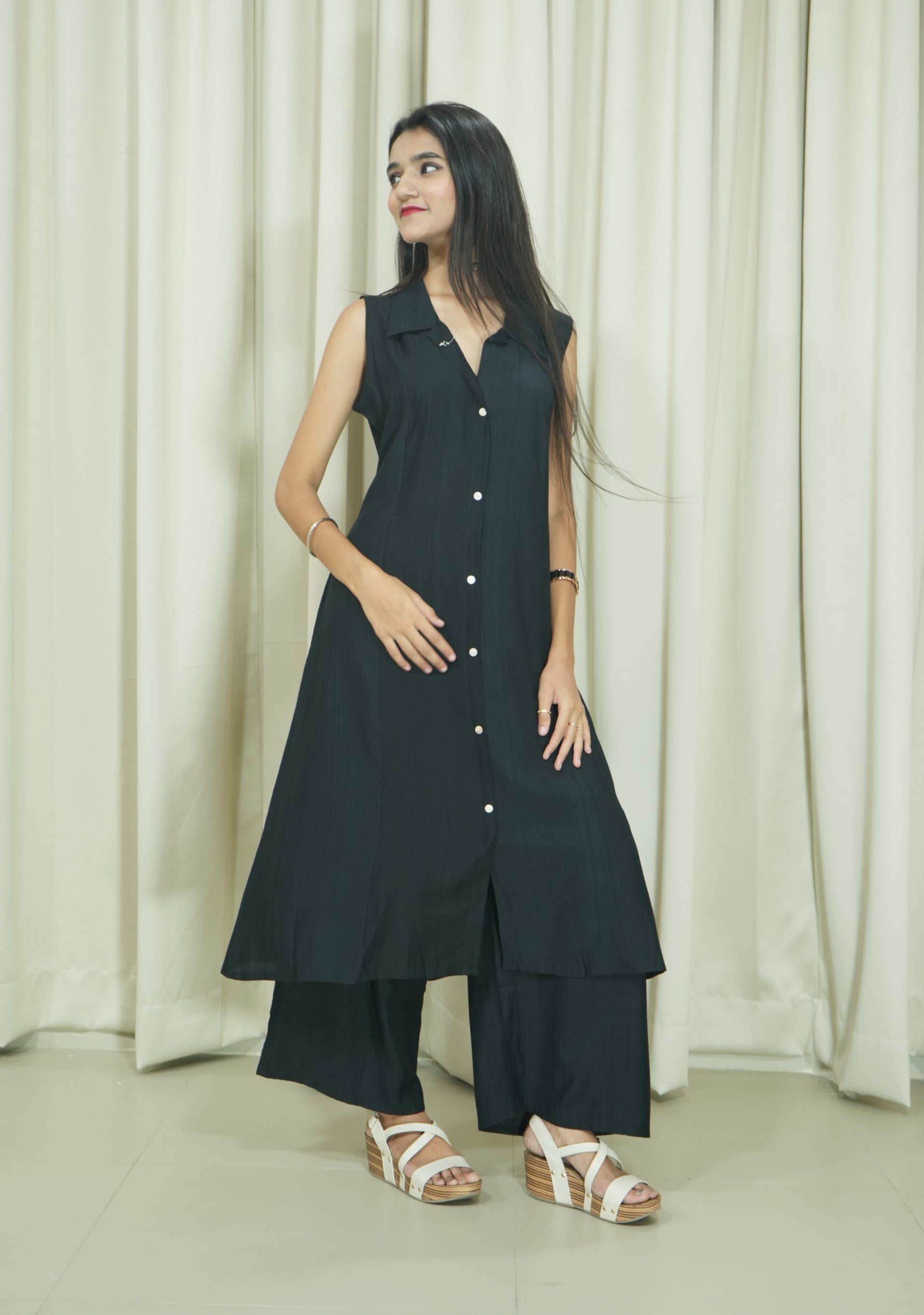 Collared A Line Tunic Black Cotton Silk Suit