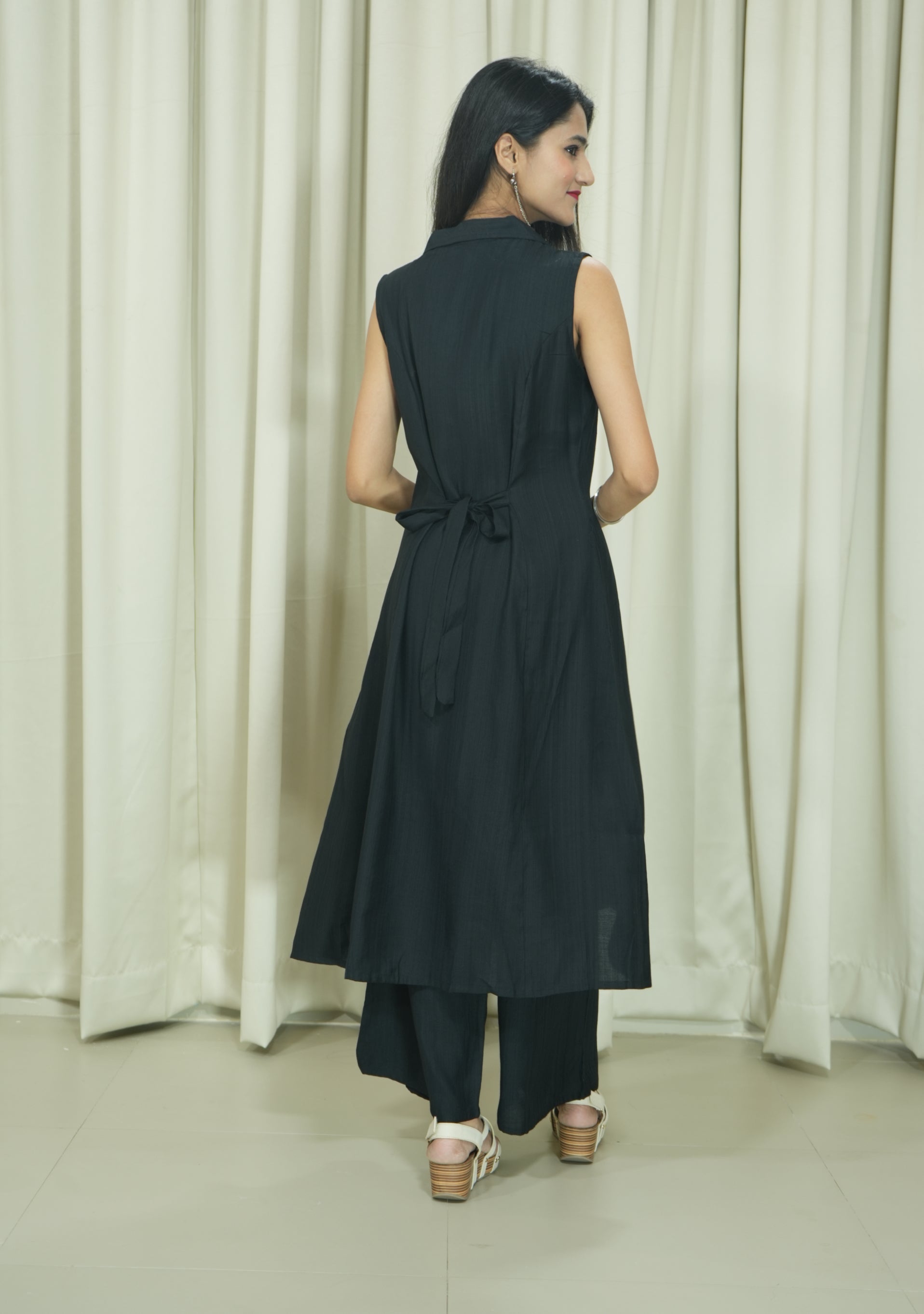 Collared A Line Tunic Black Cotton Silk Suit