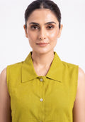 Collared Plain Light Green Cotton Silk Suit Set