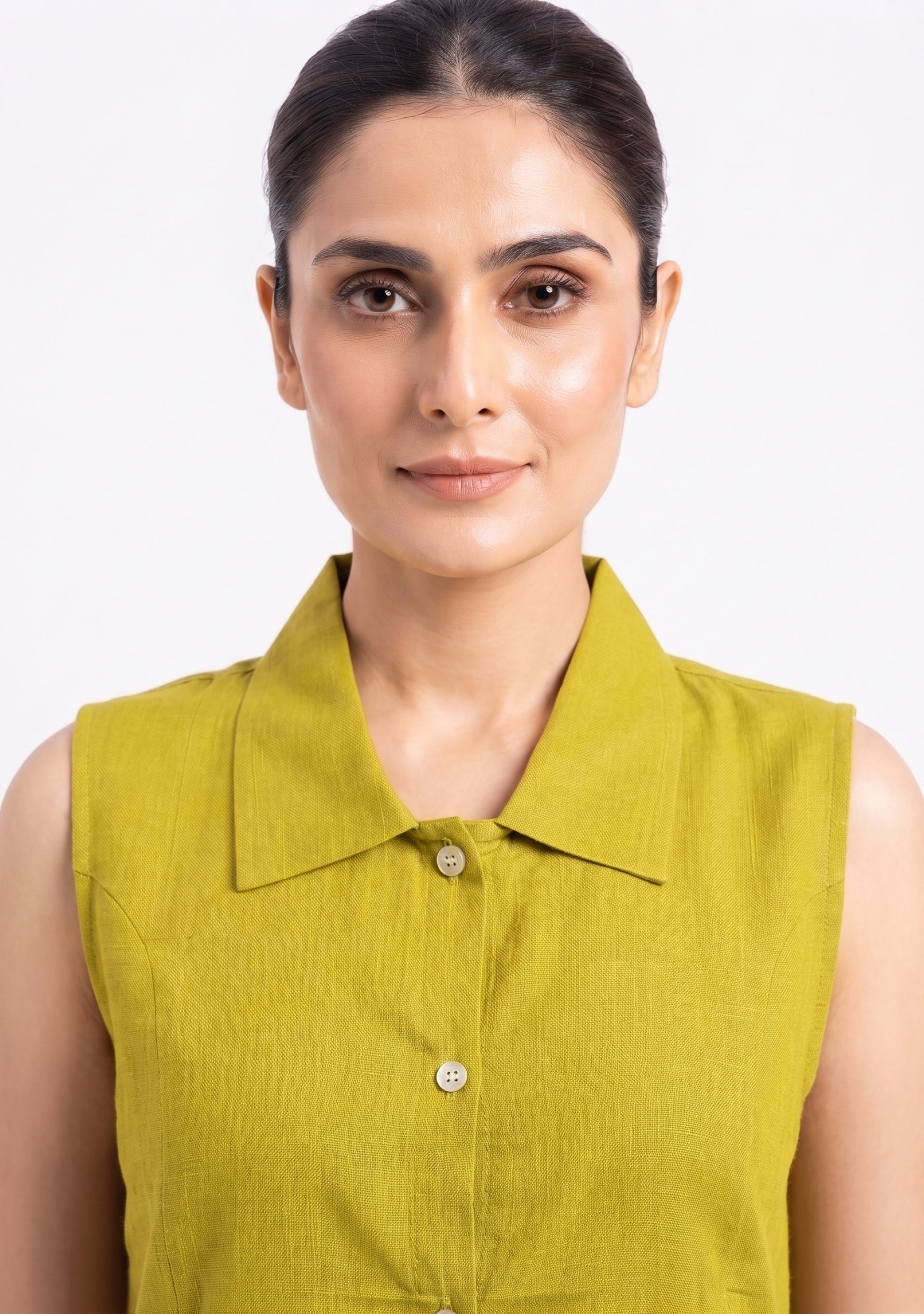 Collared Plain Light Green Cotton Silk Suit Set