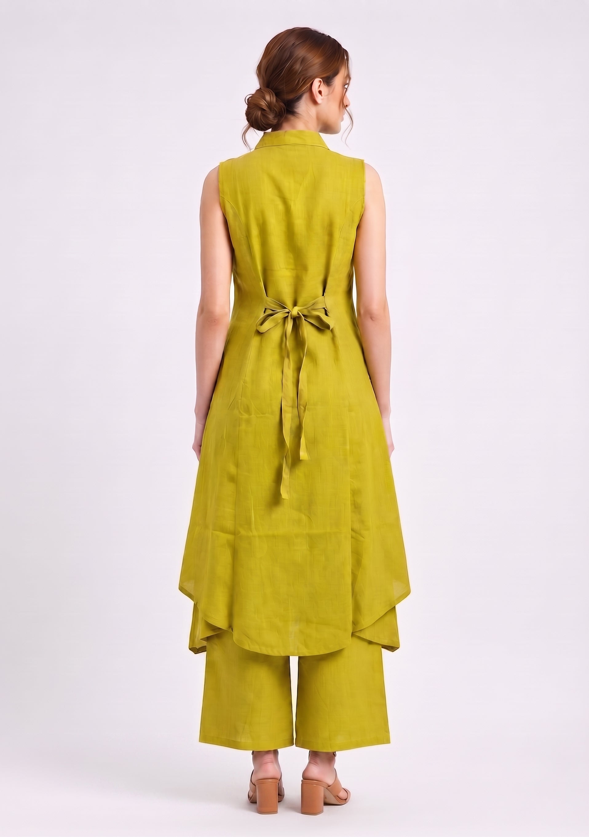 Collared Plain Light Green Cotton Silk Suit Set