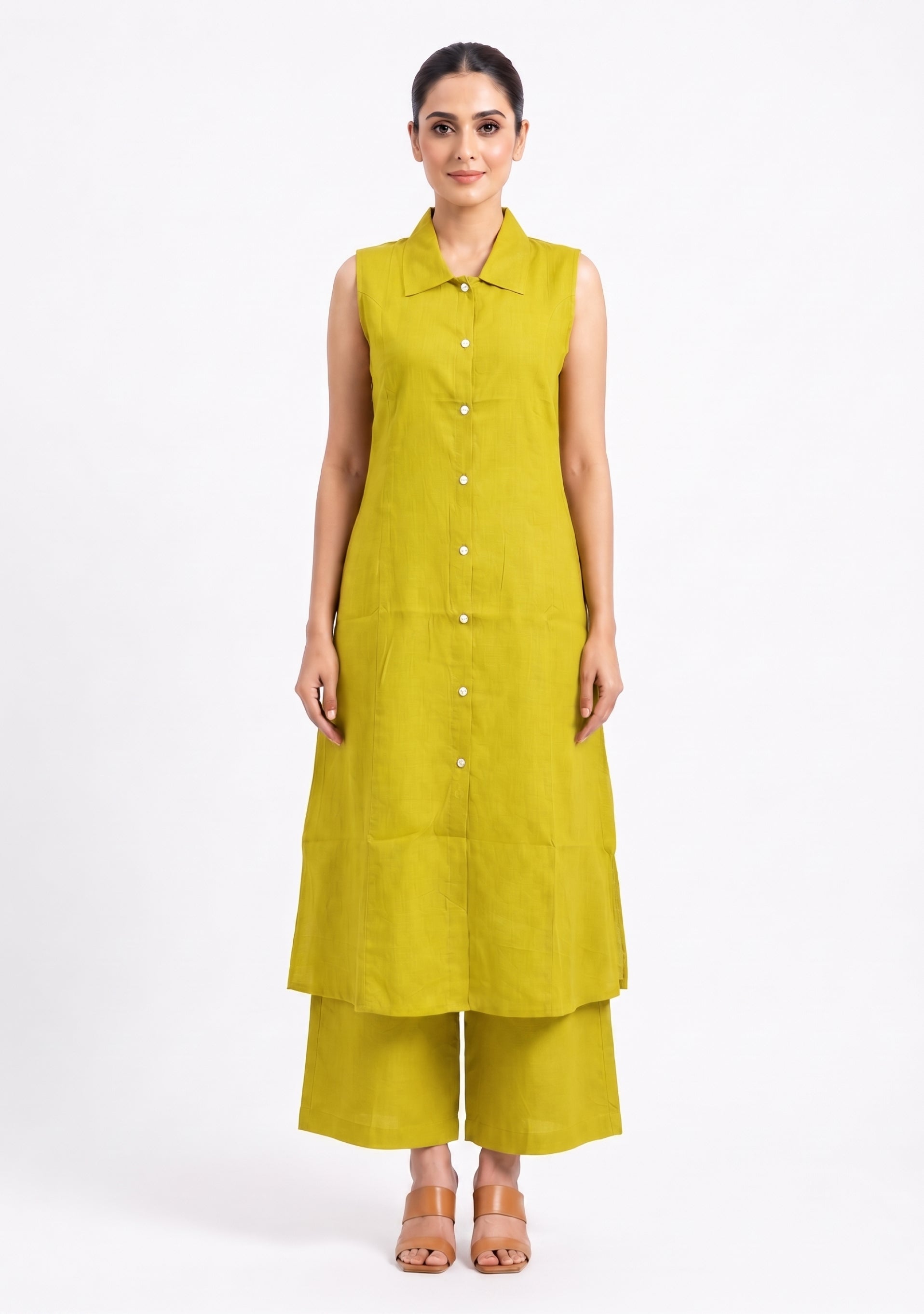 Collared Plain Light Green Cotton Silk Suit Set