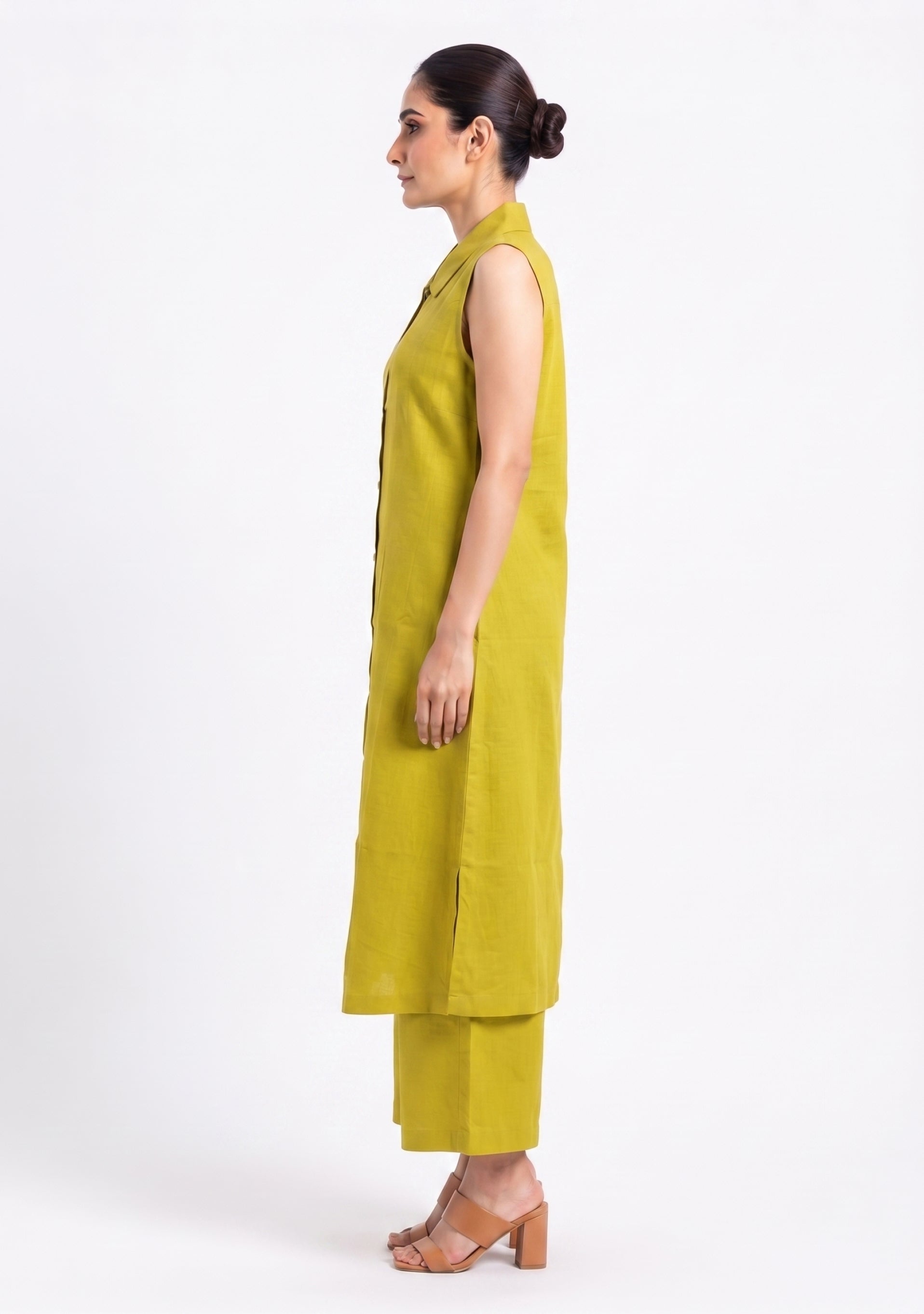 Collared Plain Light Green Cotton Silk Suit Set