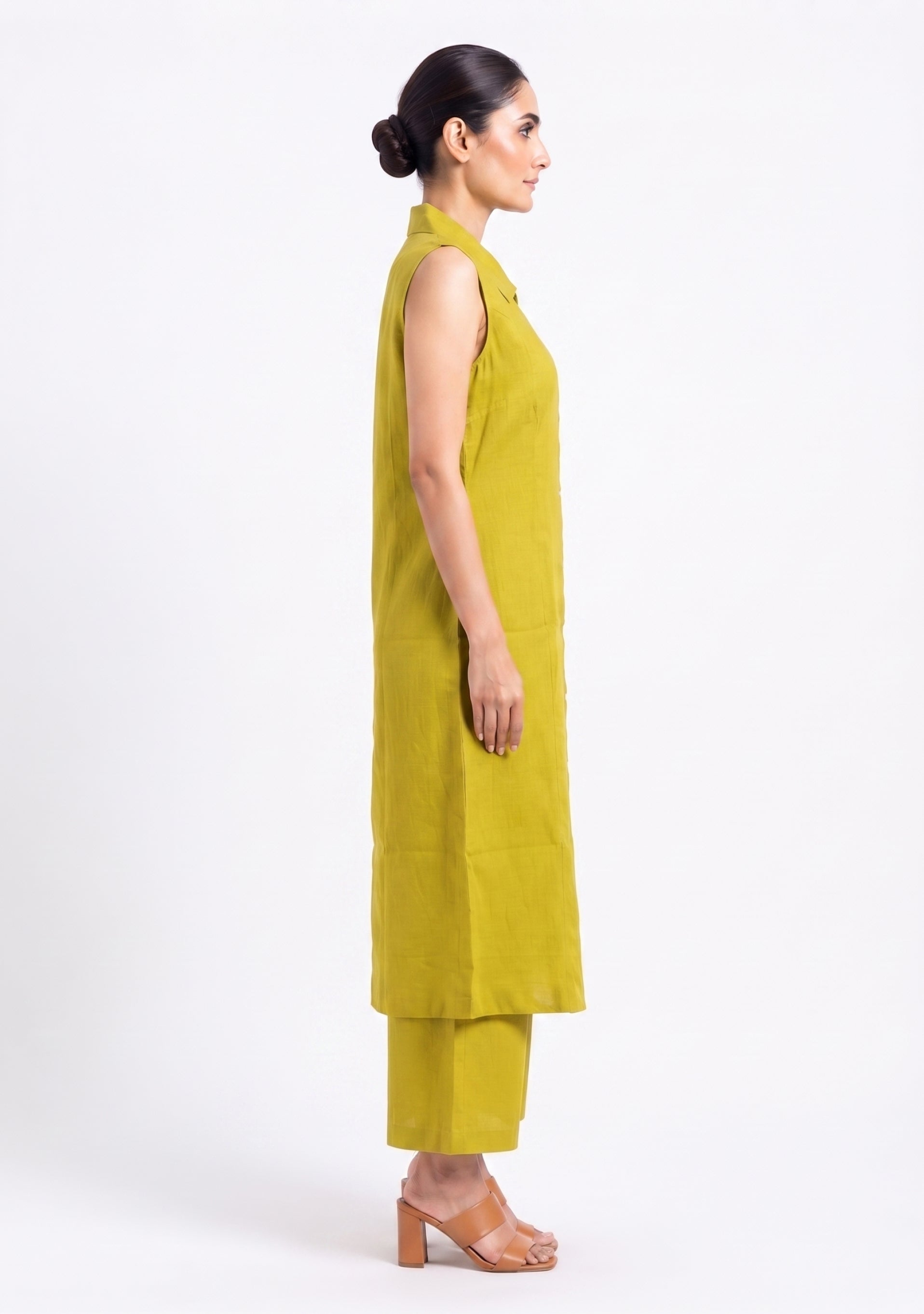 Collared Plain Light Green Cotton Silk Suit Set