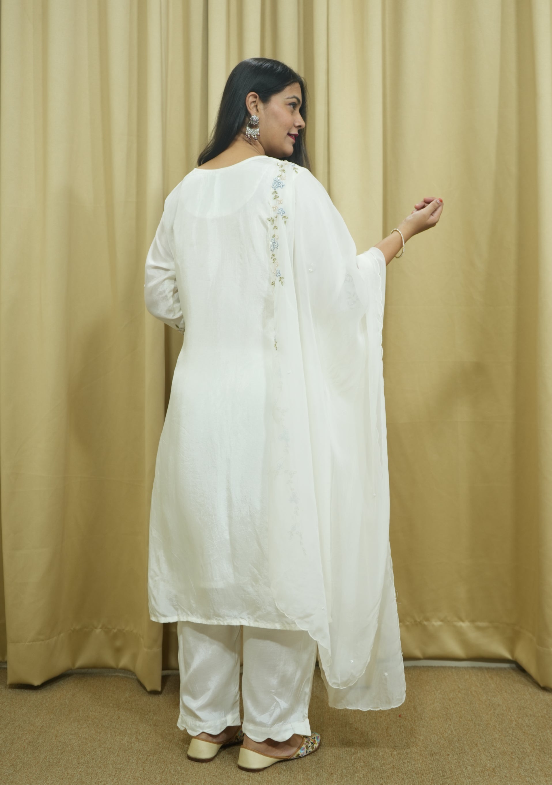 Cream Art Silk Organza Dupatta Handcrafted 3pc Suit Set
