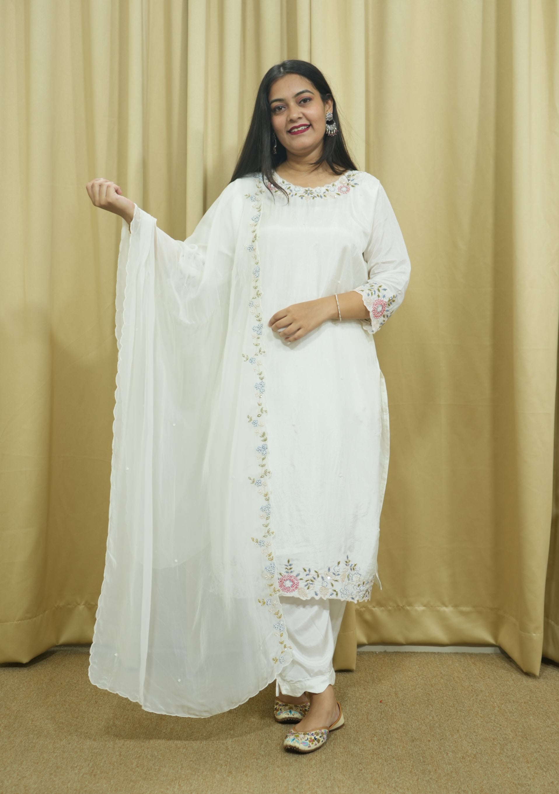 Cream Art Silk Organza Dupatta Handcrafted 3pc Suit Set