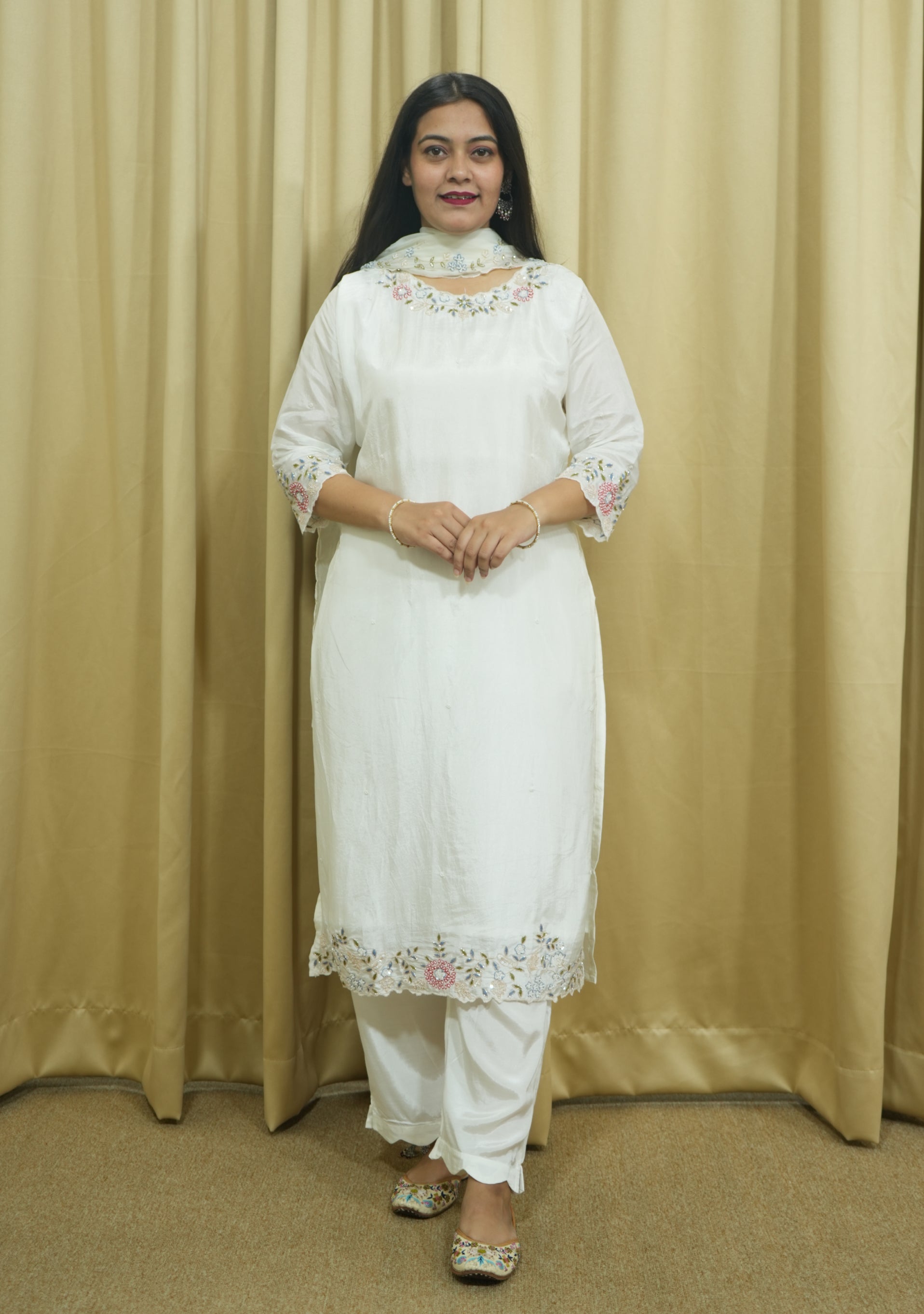 Cream Art Silk Organza Dupatta Handcrafted 3pc Suit Set