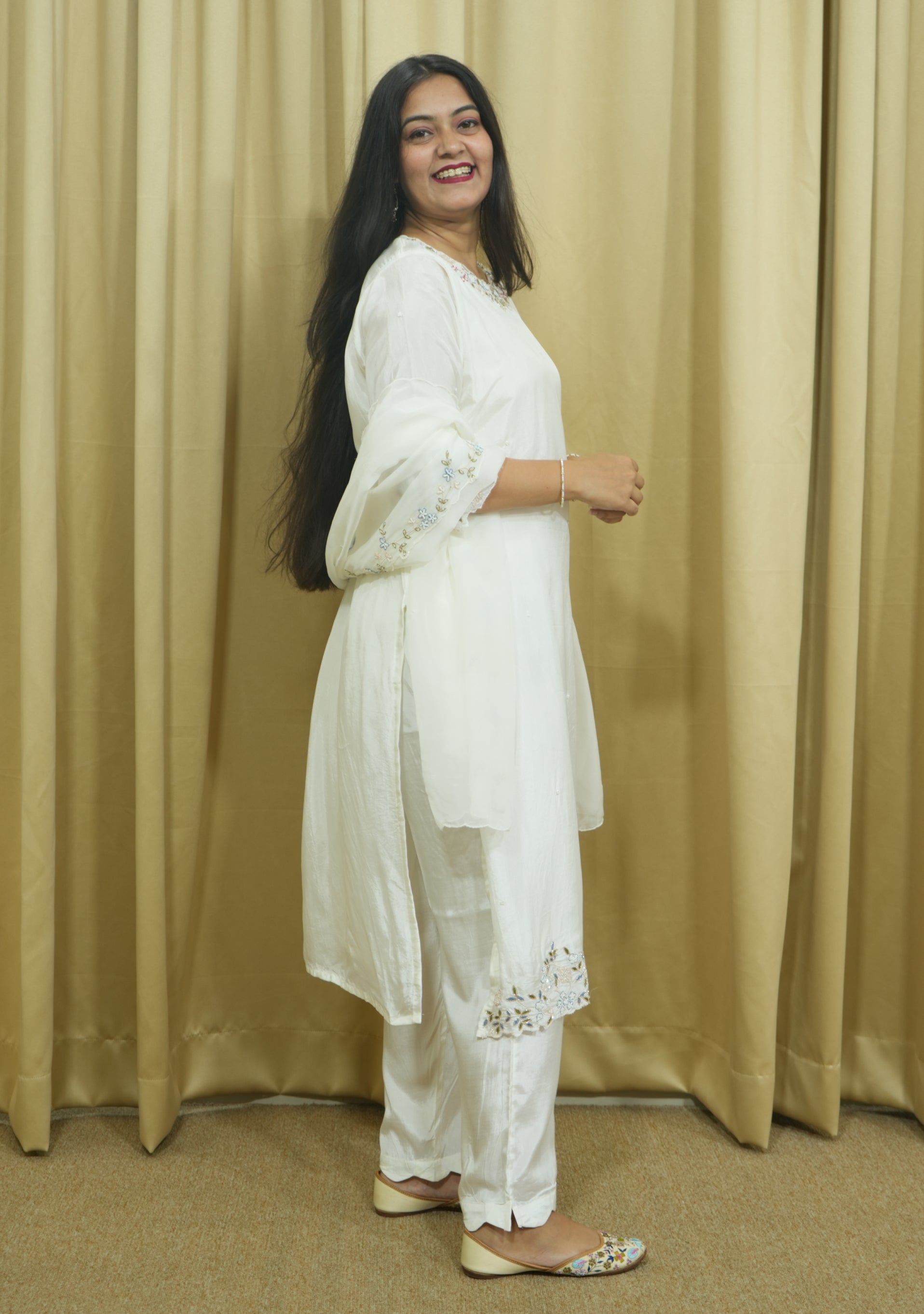 Cream Art Silk Organza Dupatta Handcrafted 3pc Suit Set
